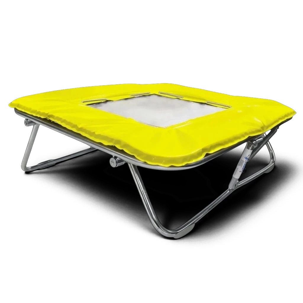 UK Gym Pits super mini trampoline with a solid super-mesh bed and bright yellow protective frame pads.