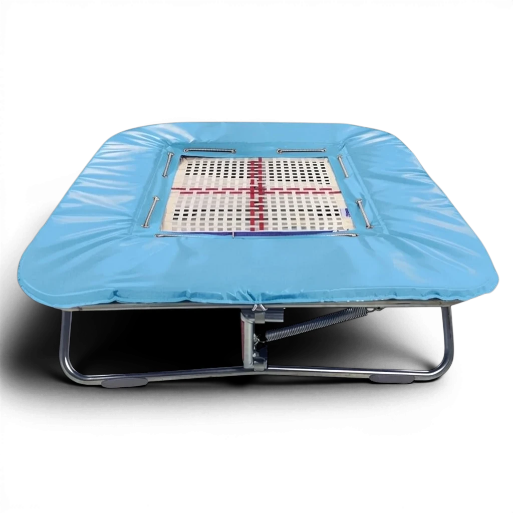 UK Gym Pits super mini trampoline with a light blue frame pad and a white web bed on a black background