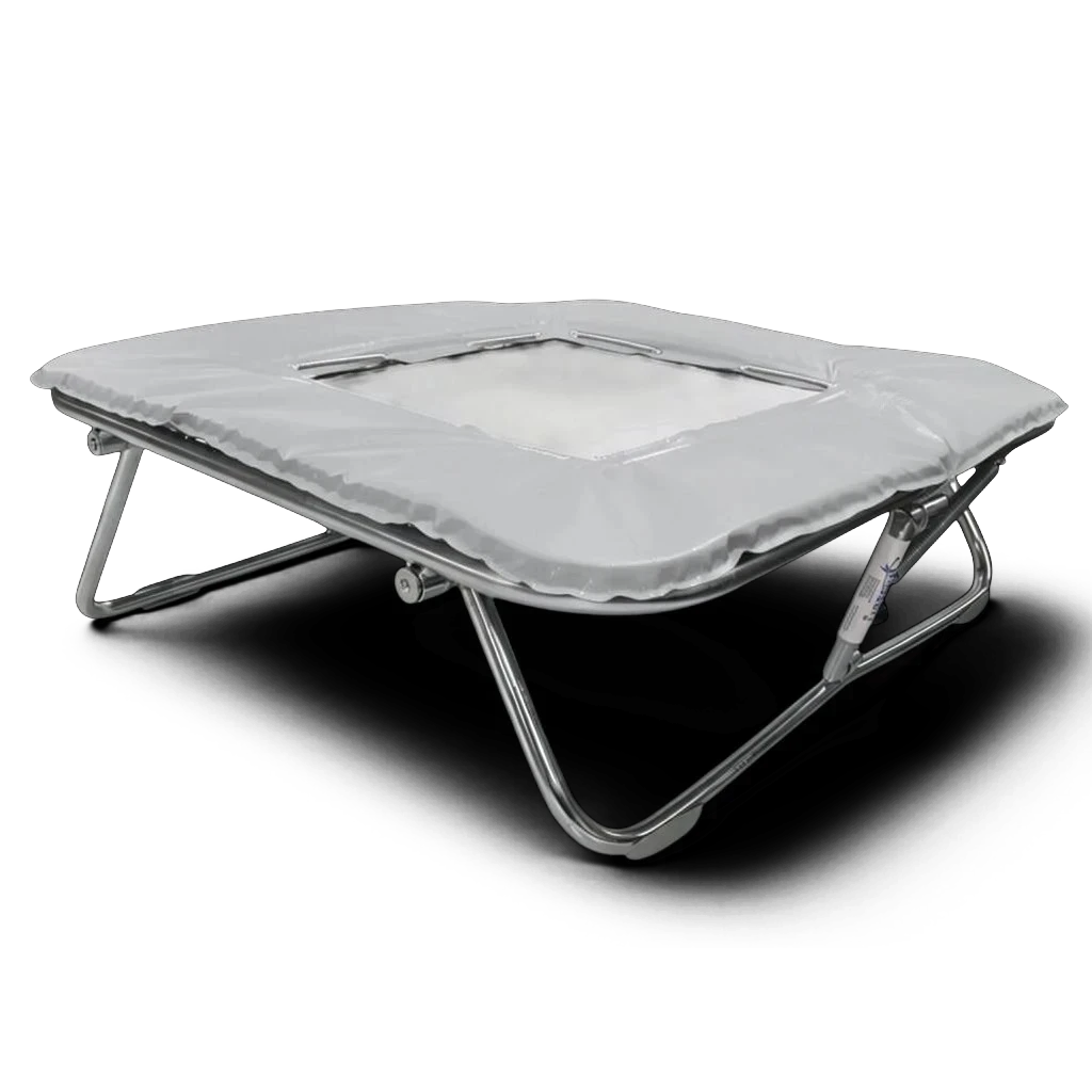 UK Gym Pits super mini trampoline with a solid super-mesh bed, grey frame pads, and a foldable zinc-plated frame.