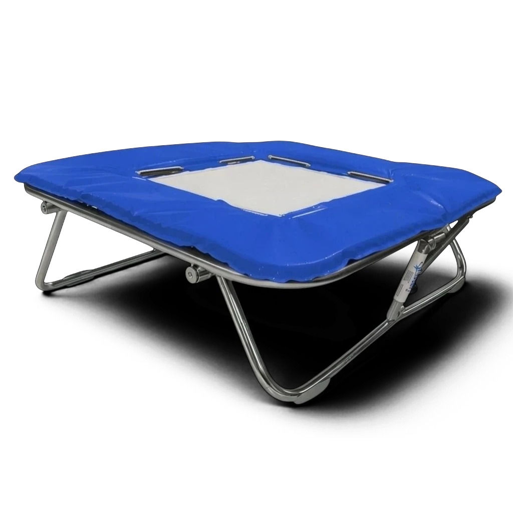 UK Gym Pits super mini trampoline with a solid white super-mesh bed and blue protective frame padding