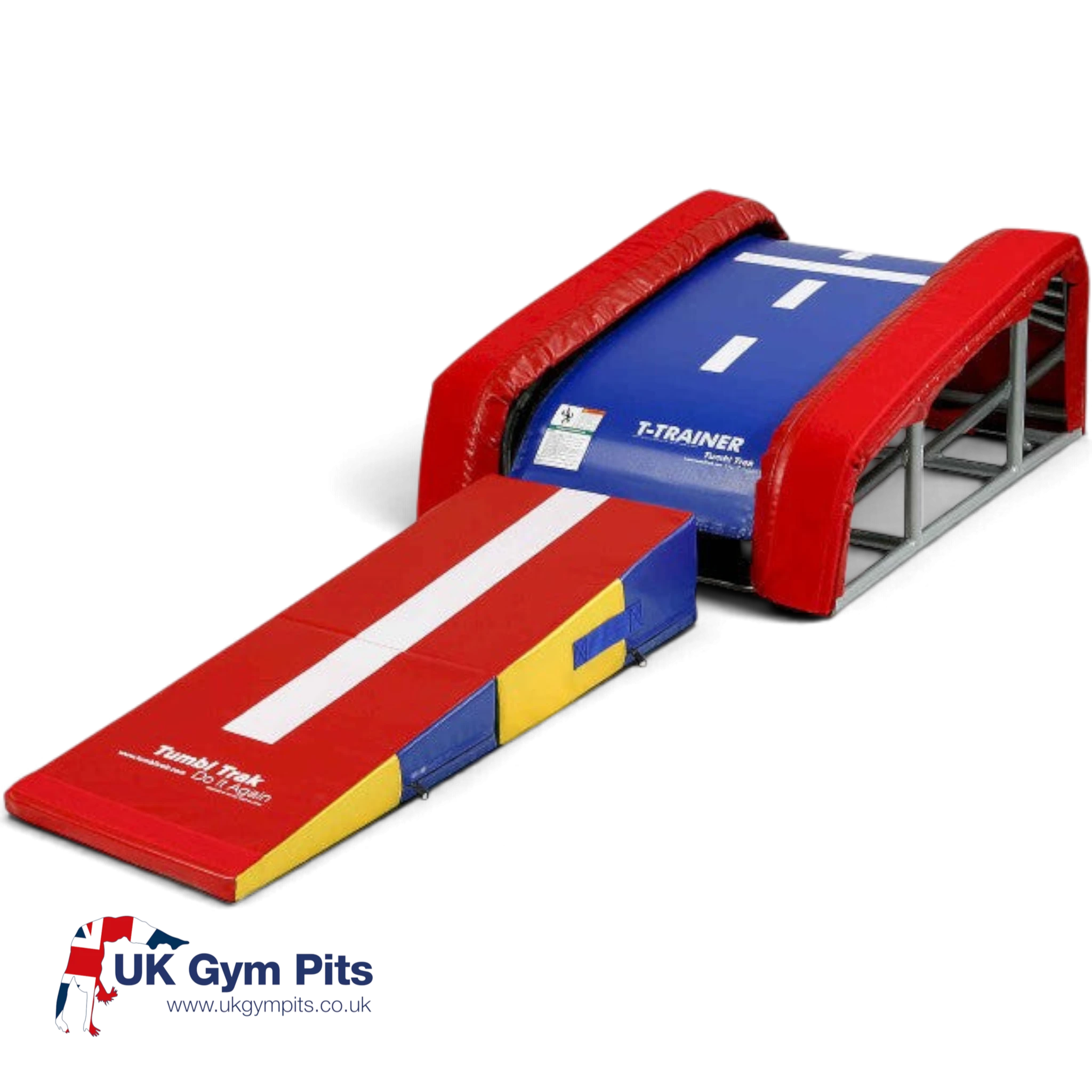 UK Gym Pits T-Trainer gymnastics training device with a folding mini ramp run-up in red, blue, and yellow vinyl.