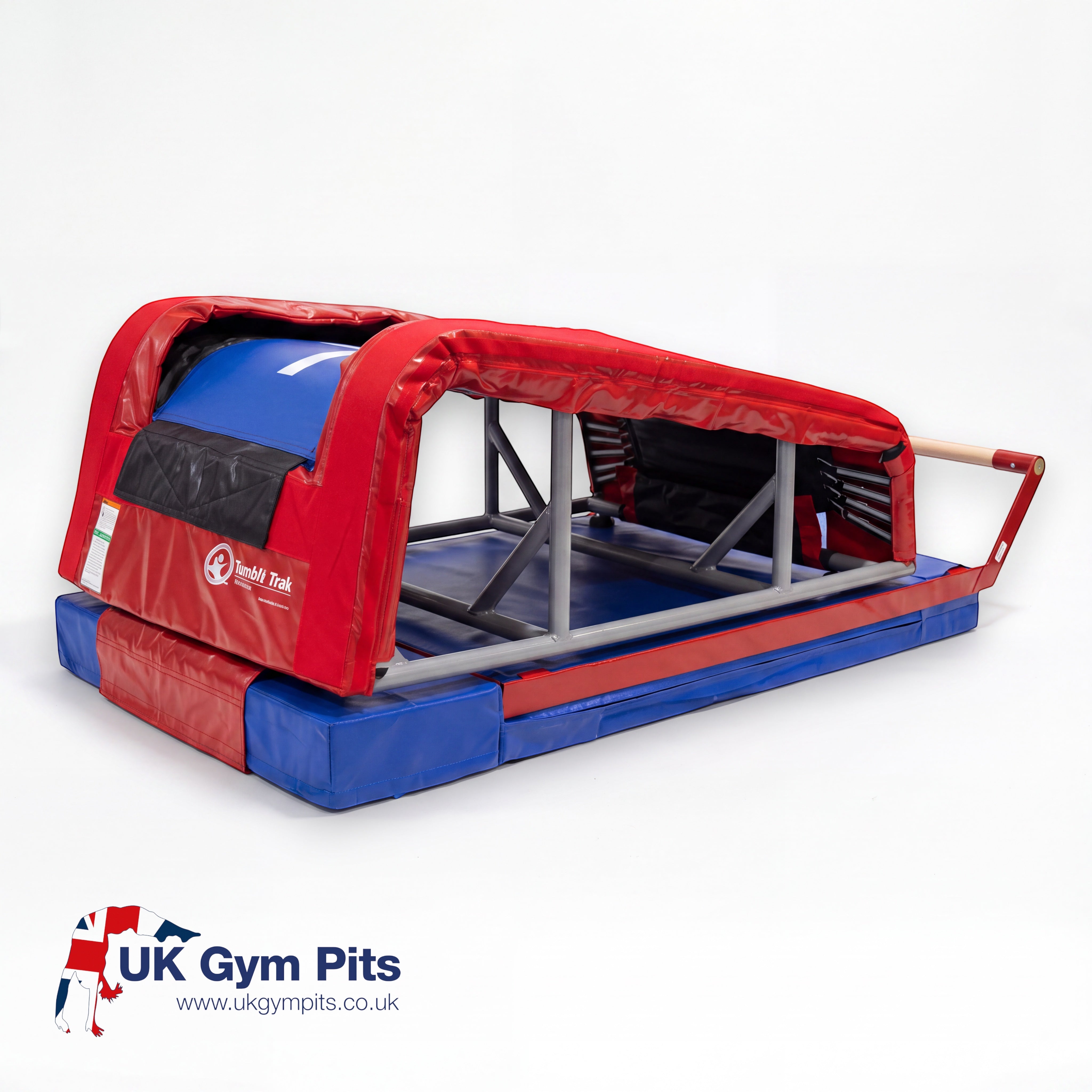 UK Gym Pits T-Trainer with Mountain Bar base kit featuring a red and blue foam trainer with a wooden bar rail.
