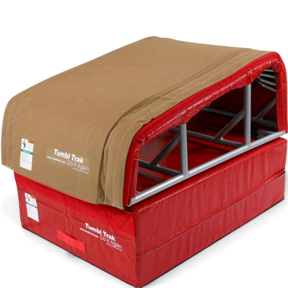 UK Gym Pits T-Trainer suede cover in tan attached to a red gymnastics vault trainer with Velcro