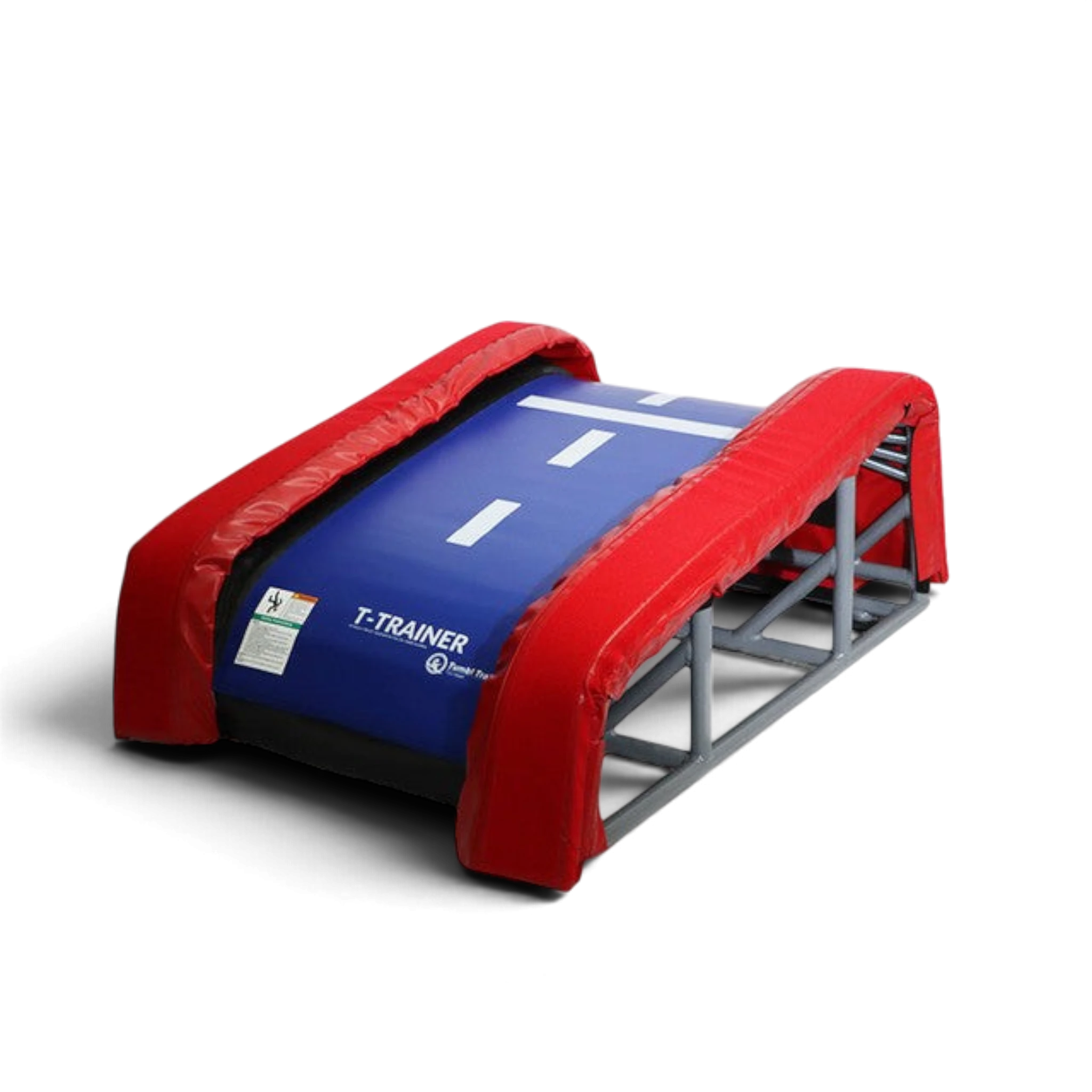 UK Gym Pits T-Trainer gymnastics vault training device with a blue Xtreme bed and red padded side rails.