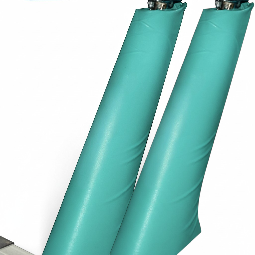 UK Gym Pits teal PVC vinyl safety padding wrapped around a gymnastics beam leg for impact protection
