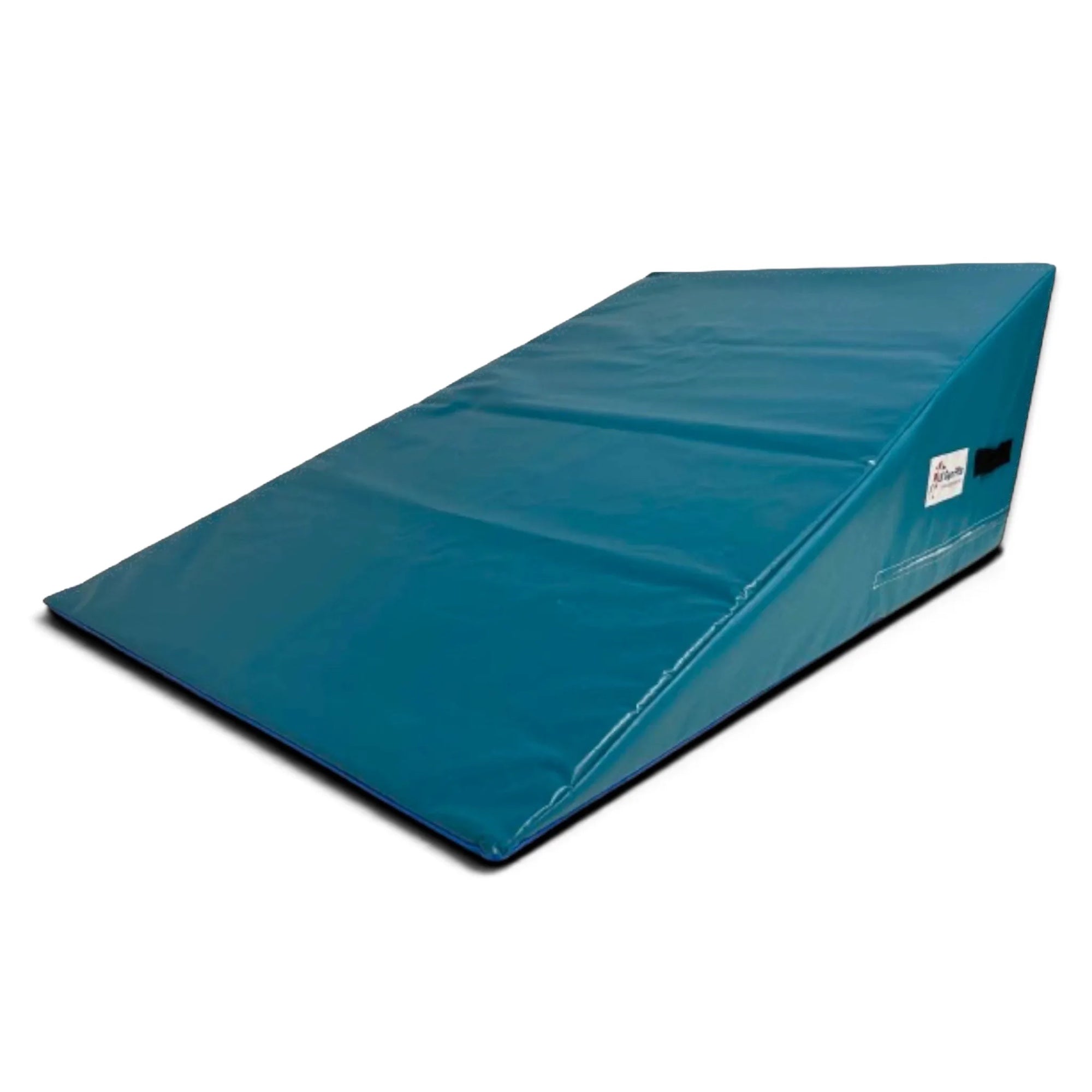 UK Gym Pits teal inclined wedge gymnastics mat made of high-density foam with a durable PVC cover and carry handles.