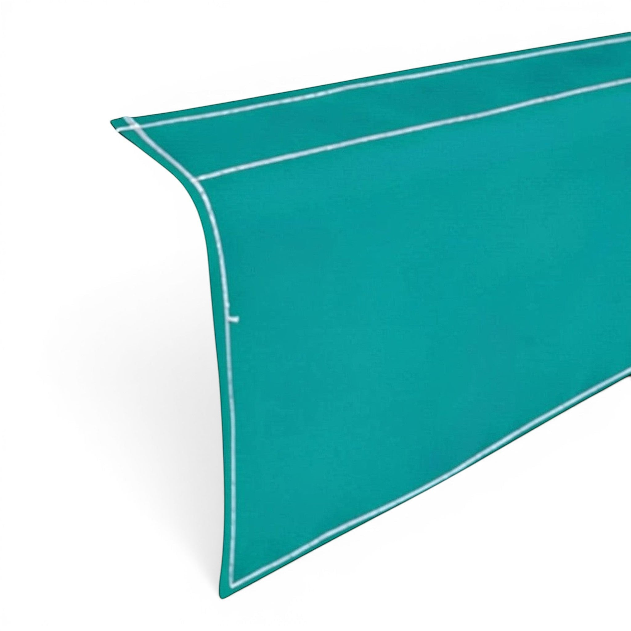 UK Gym Pits teal PVC drop-down side skirt for gymnastics sprung floors with white double-stitched detailing.