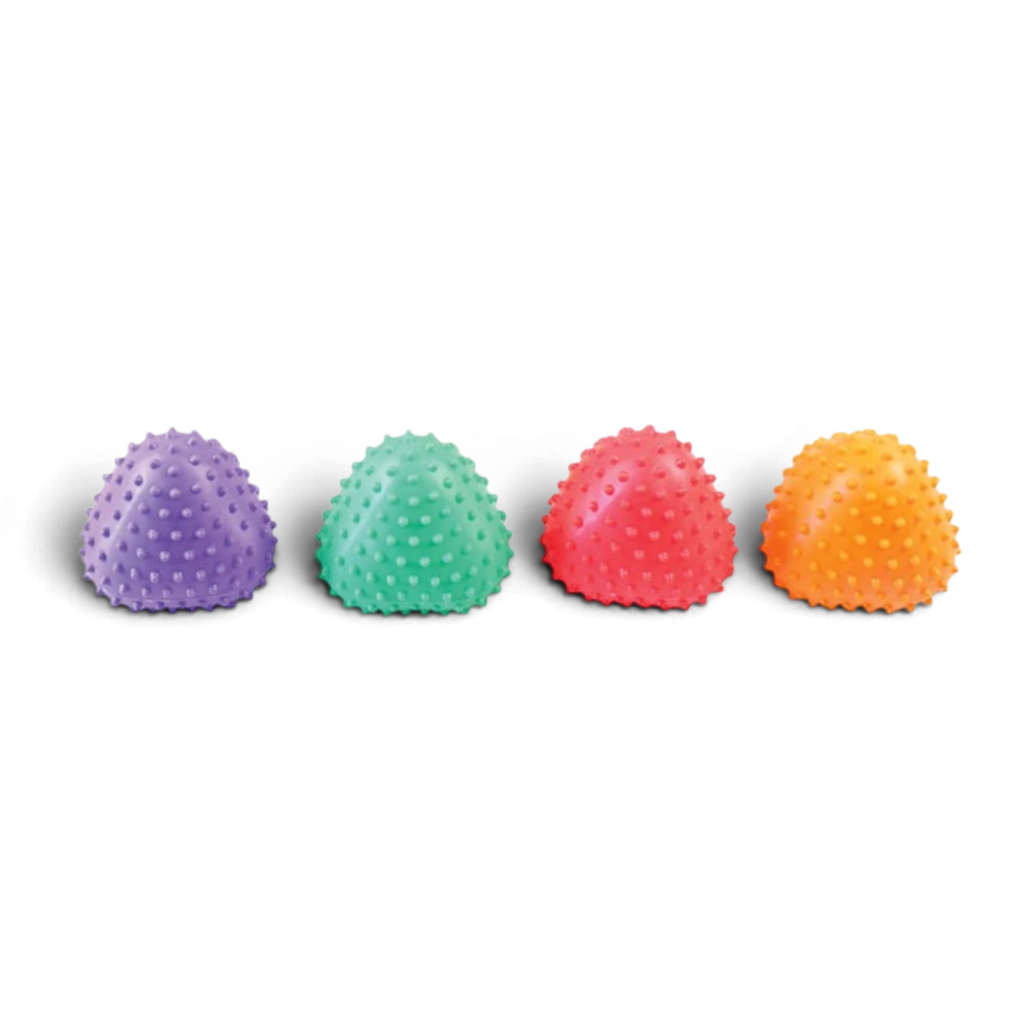 UK Gym Pits sensory ball set featuring four colorful textured tactile shapes in purple, green, red, and orange.