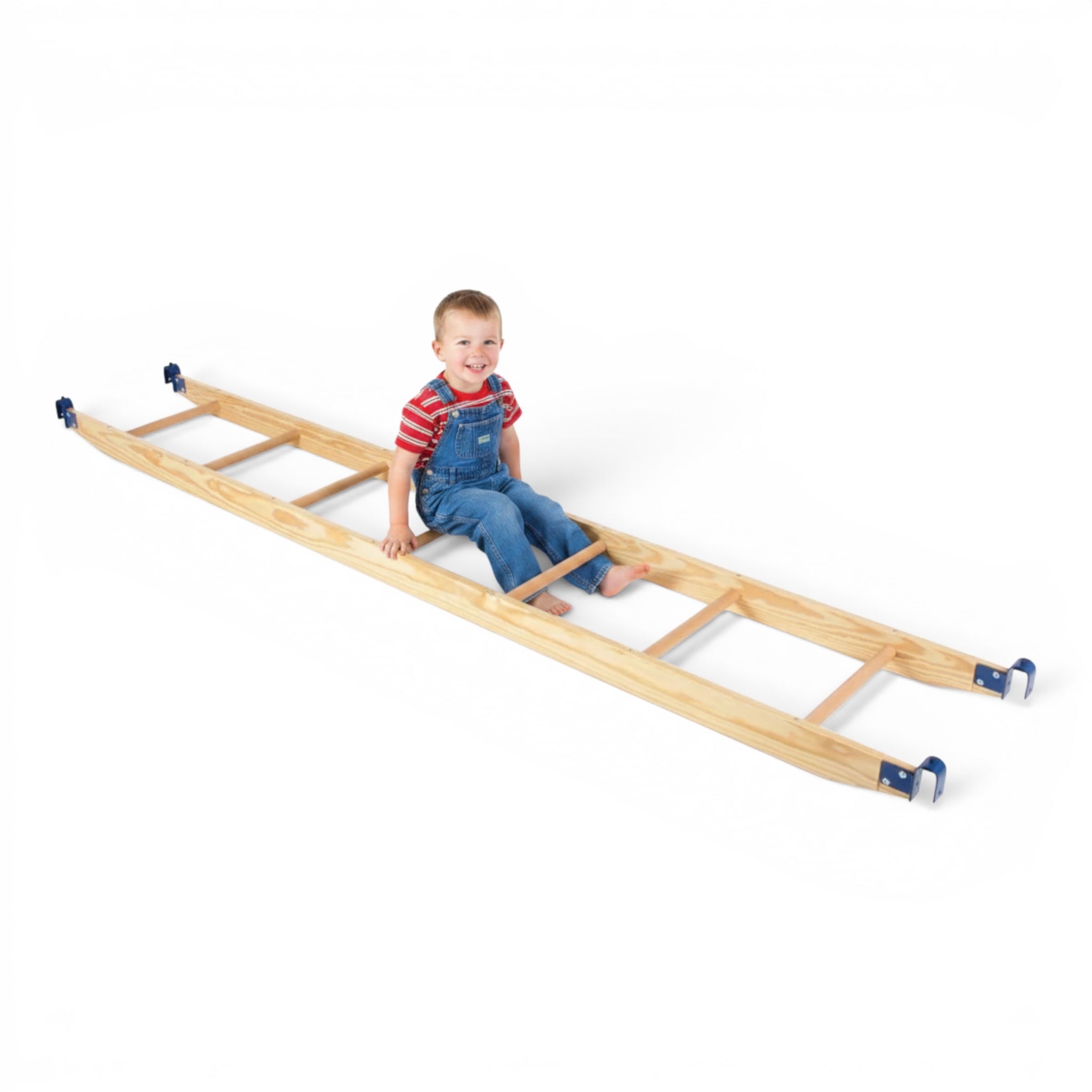 UK Gym Pits natural timber agility linking ladder with blue powder coated hooks, featuring a child sitting on it.