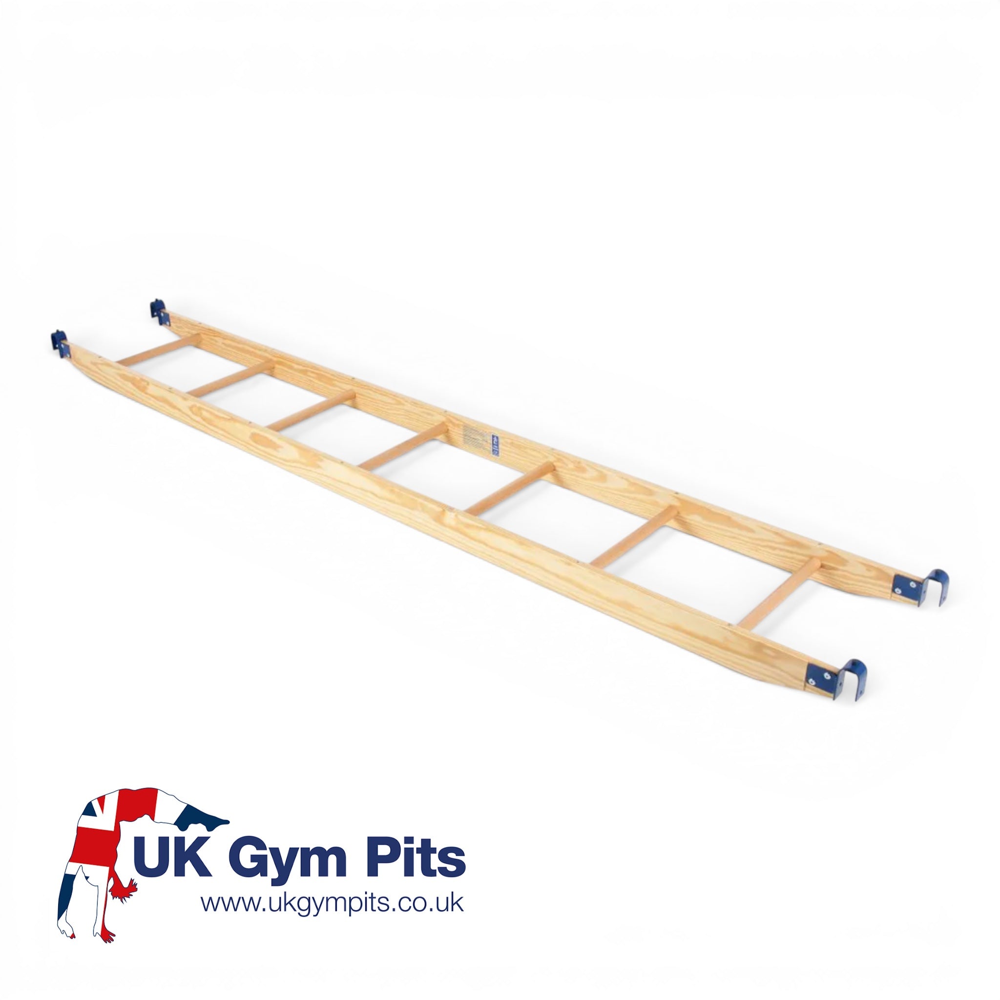 UK Gym Pits natural timber agility linking ladder with blue powder coated hooks and safety clips for gym equipment.