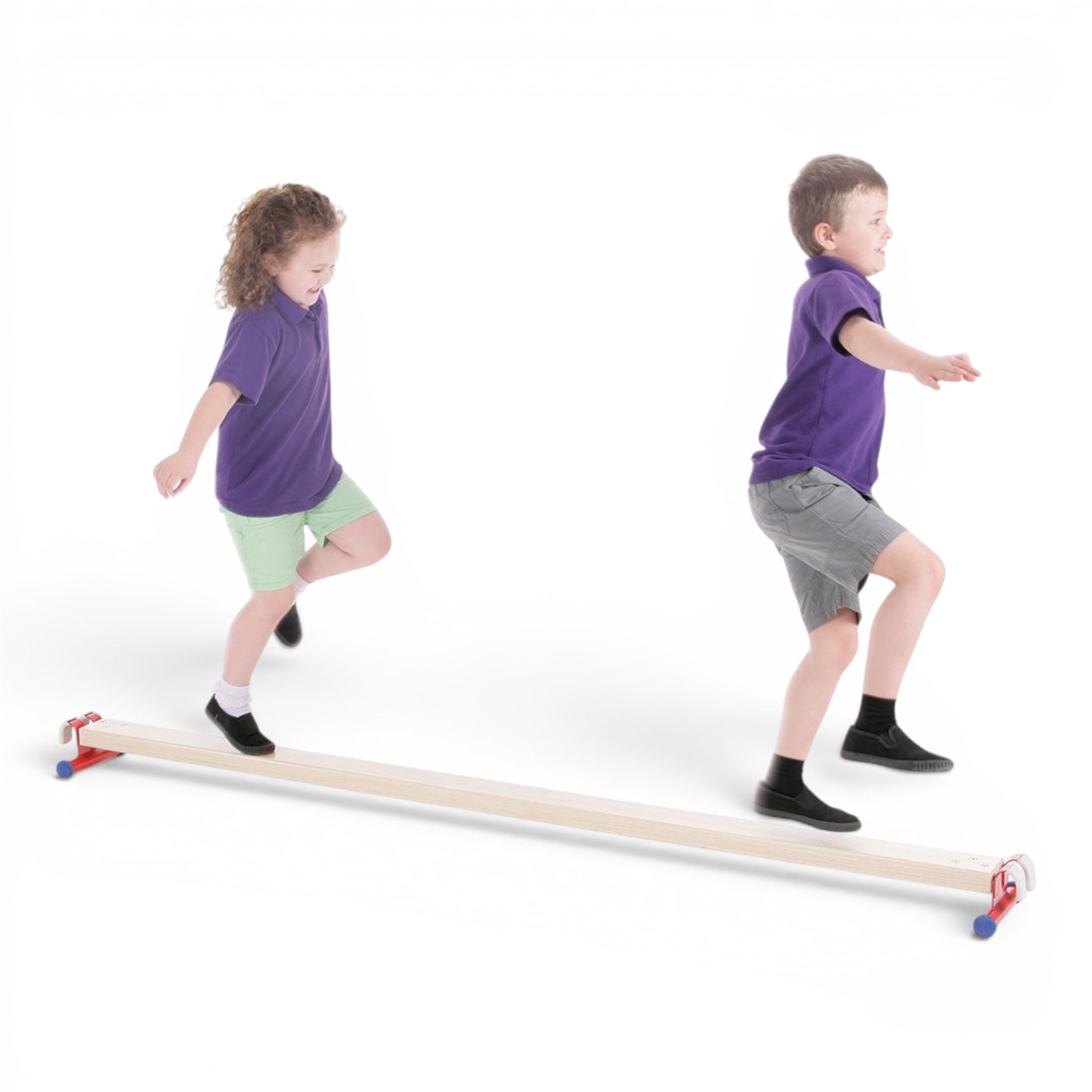 Two children in purple shirts balancing on a UK Gym Pits natural timber agility linking beam with red metal feet.