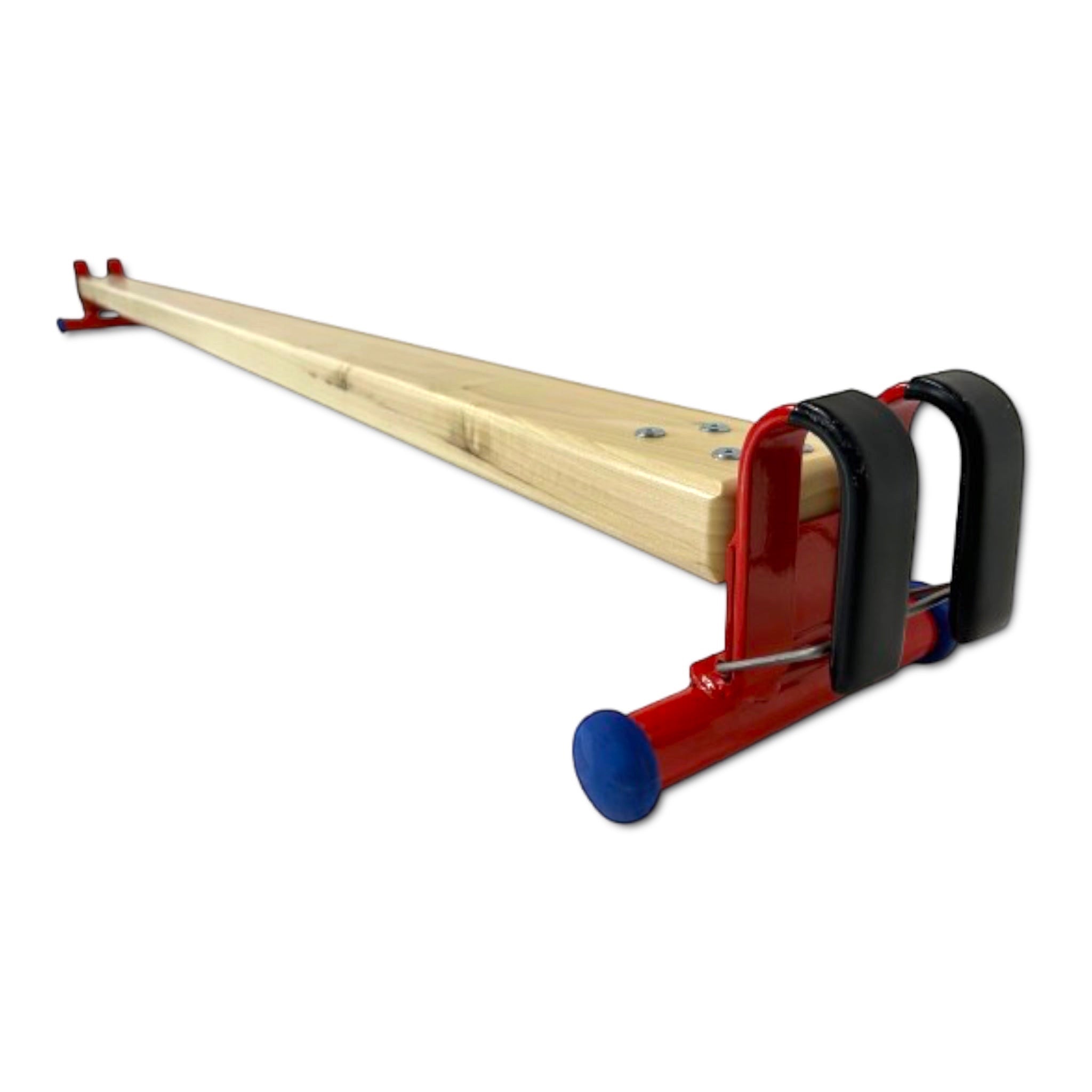UK Gym Pits natural timber agility linking beam with red powder coated metal feet and safety hooks for gym equipment
