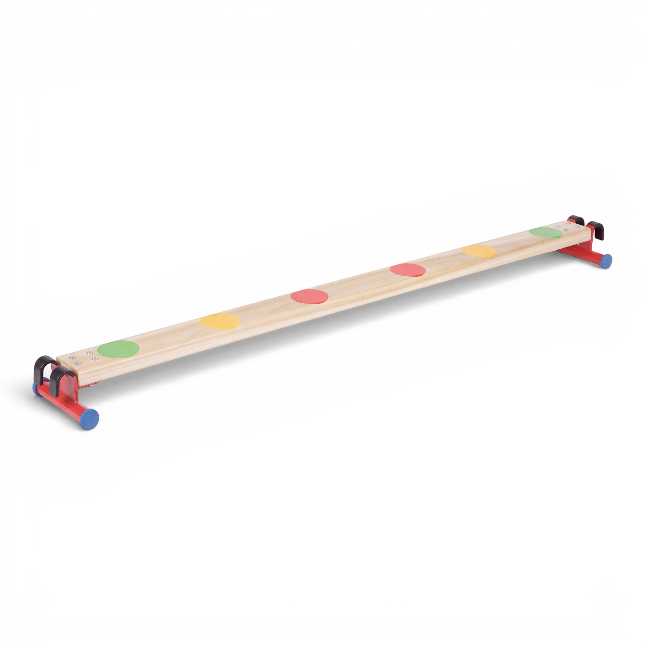 UK Gym Pits Activ Spot Balance Beam made of natural timber with six multicoloured spots and stable metal feet.