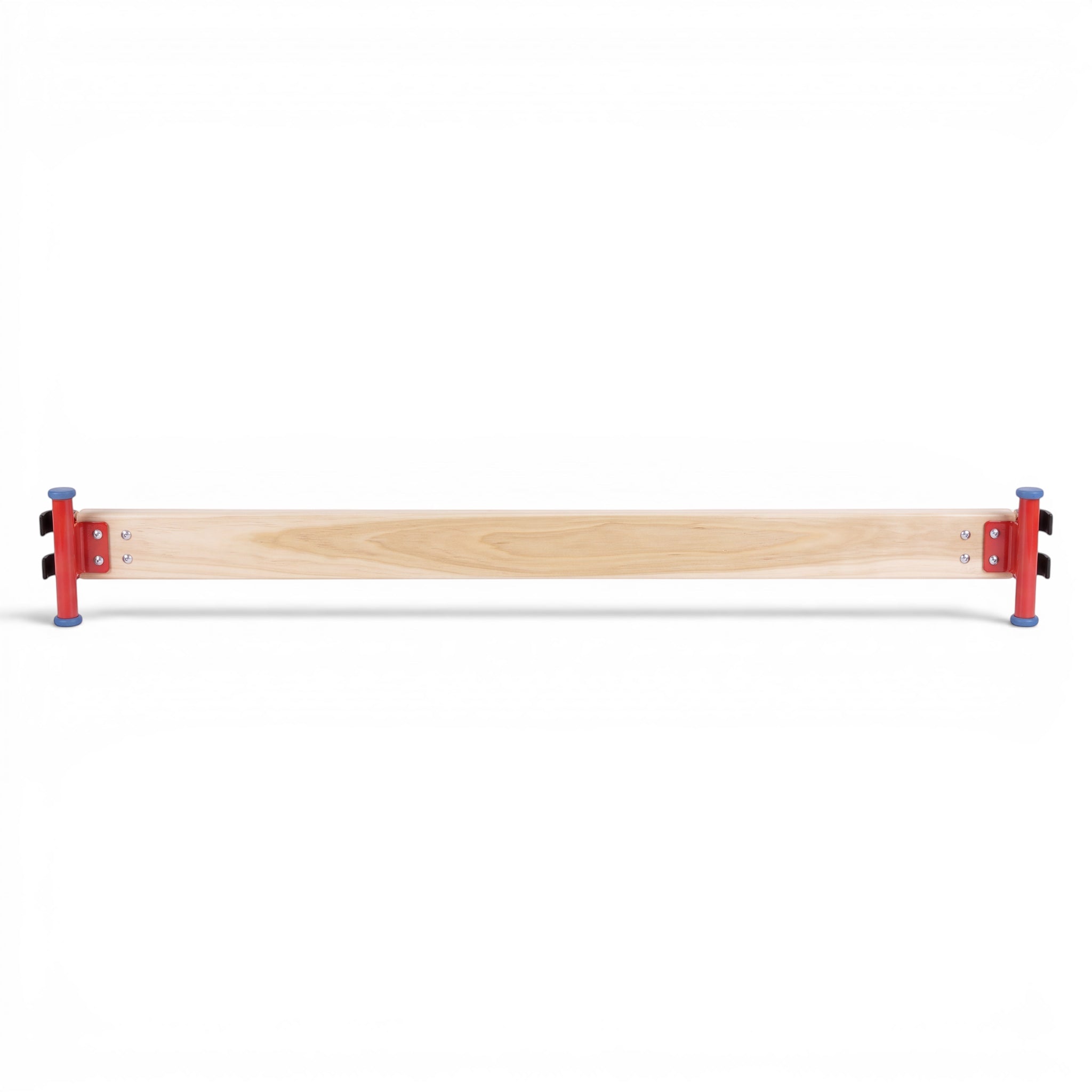 UK Gym Pits Activ Spot Balance Beam made of natural timber with red metal feet and end clamps on a white background.