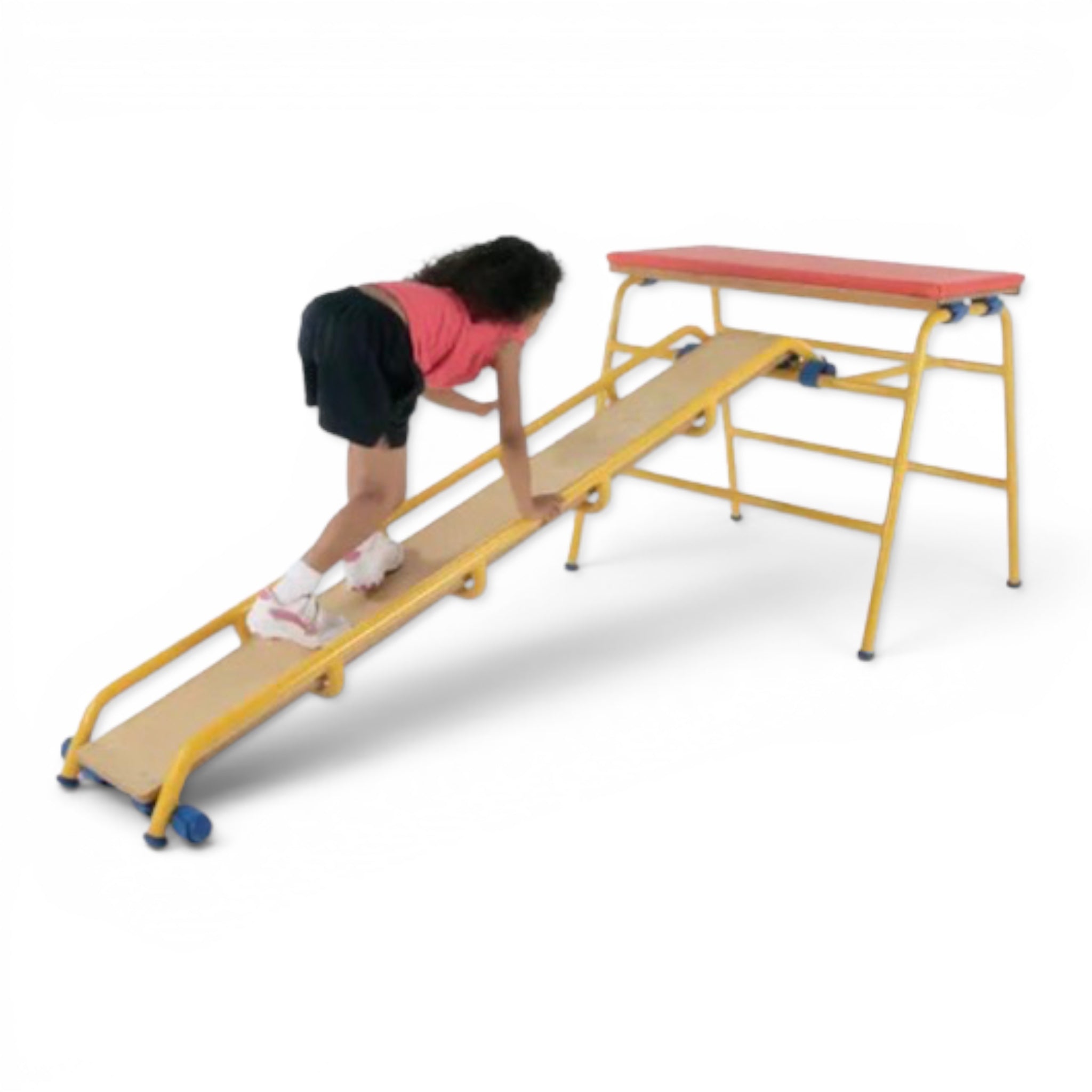UK Gym Pits balance slide plank made of natural timber attached to a yellow trestle