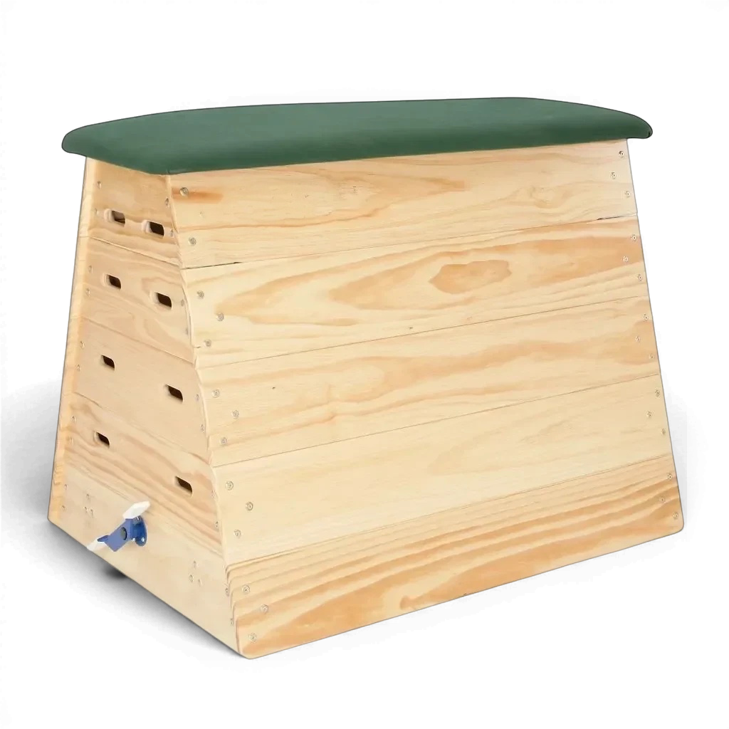 UK Gym Pits timber gymnastics vault box with three natural wood sections and a green padded top for training.
