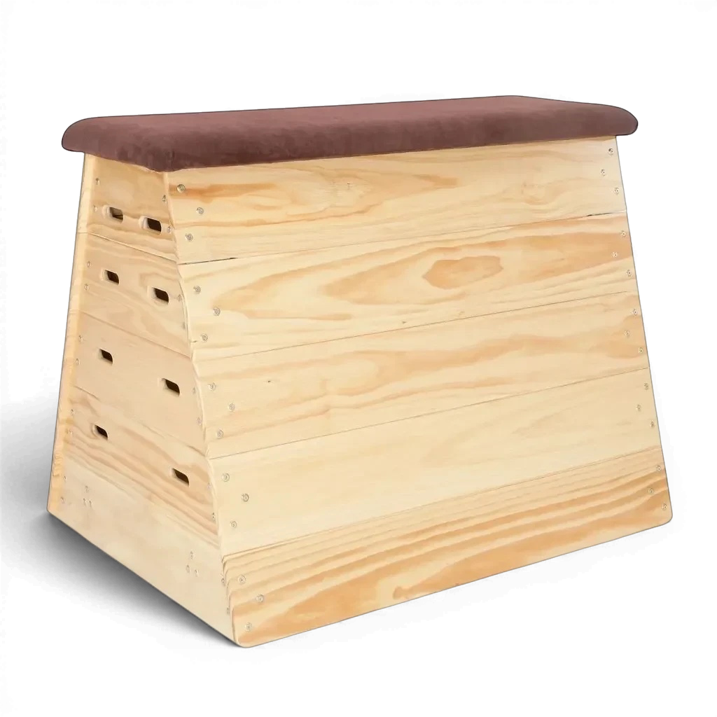 UK Gym Pits timber gymnastics vault box with natural wood finish and a padded brown top for school or club use