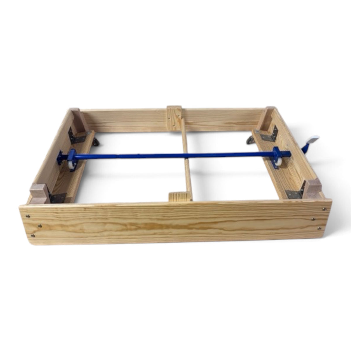 UK Gym Pits timber vault box base section with integrated wheels and blue metal axle for gymnastics training