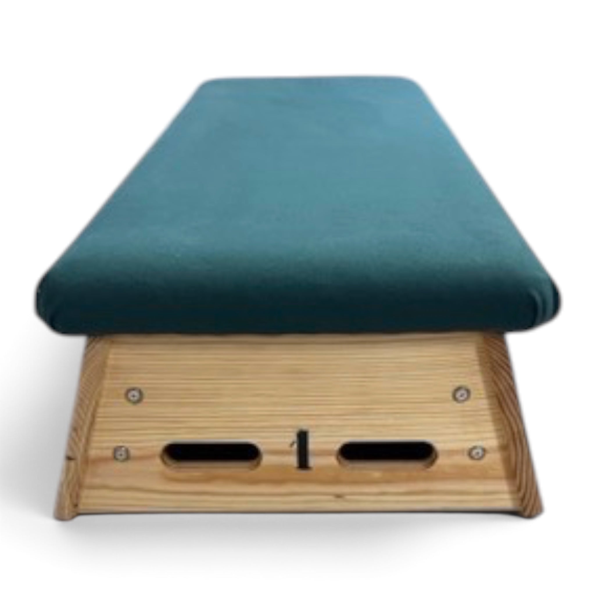 UK Gym Pits timber gymnastics vault box section with a padded green top and integrated handholds