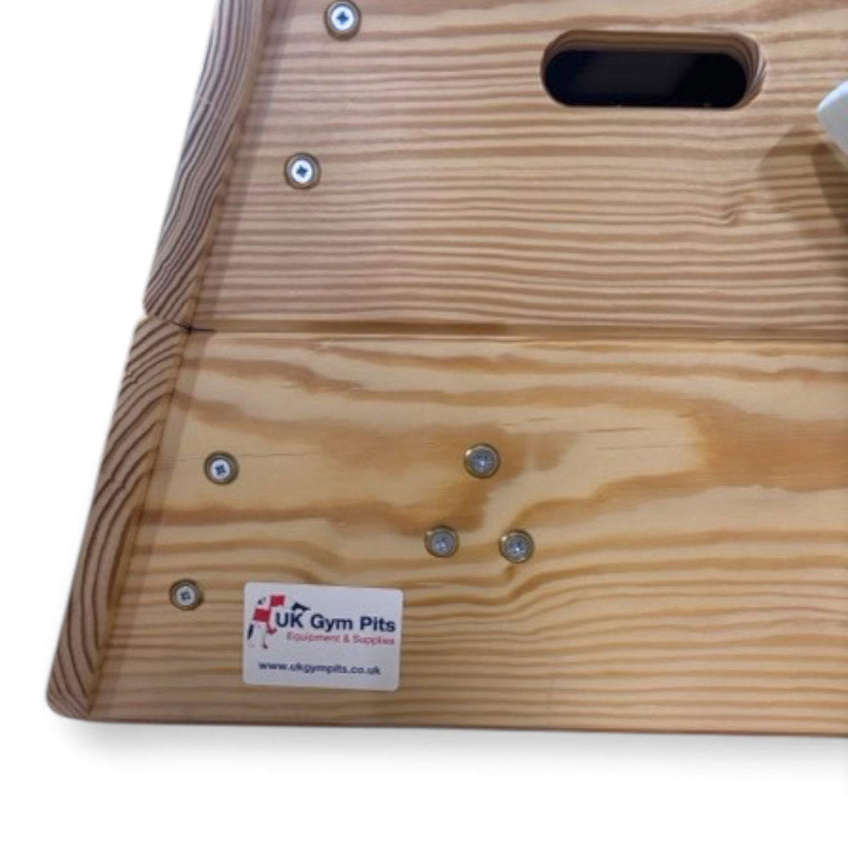 UK Gym Pits timber vault box section with natural wood grain, integrated handholds, and branded logo sticker.