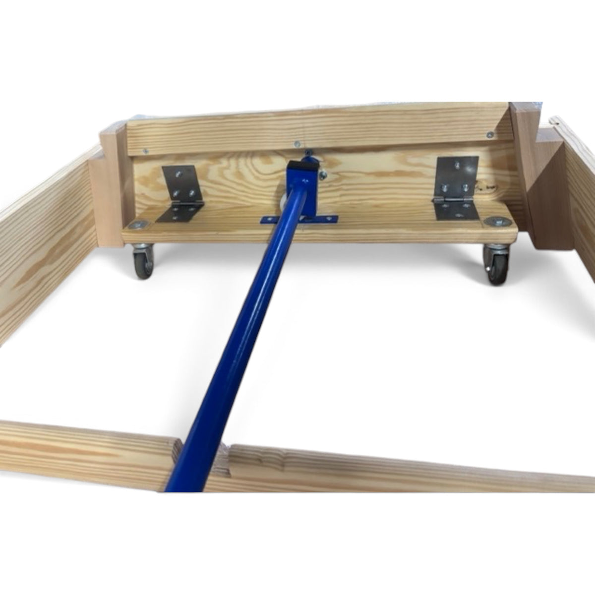 UK Gym Pits timber vault box section with integrated blue metal transport wheels and natural wood finish