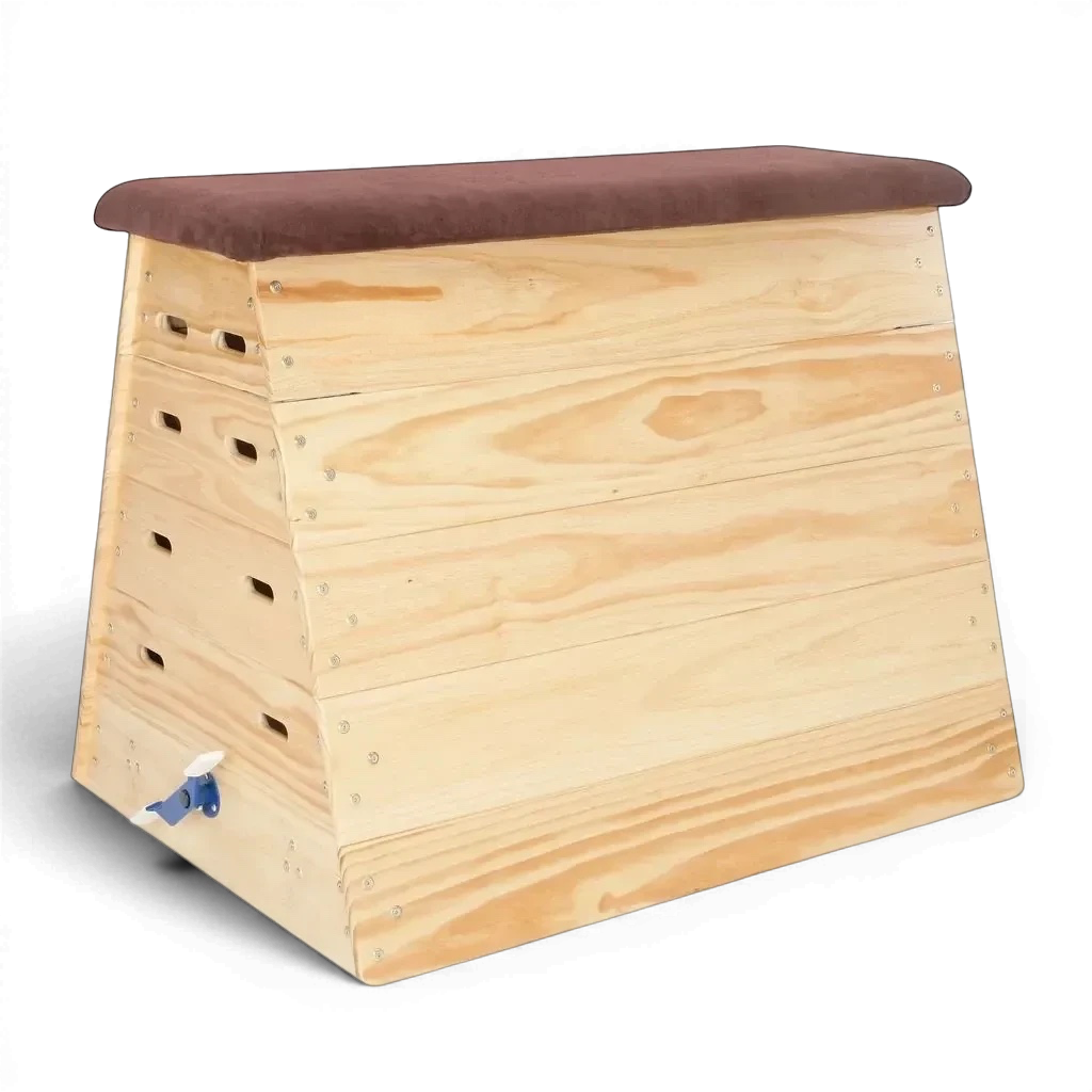 UK Gym Pits timber vault box with natural wood finish and a padded brown top for gymnastics training.