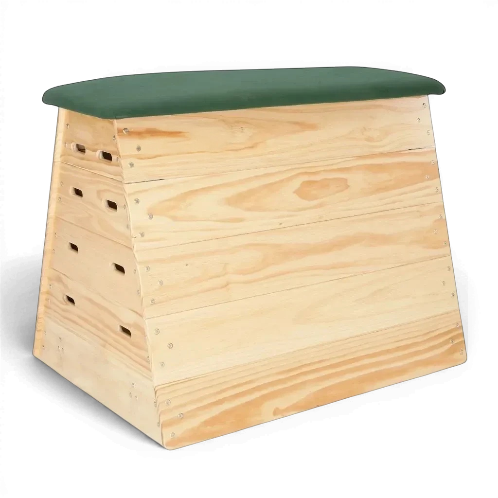 UK Gym Pits timber vault box with natural wood sections and a green padded top for gymnastics training