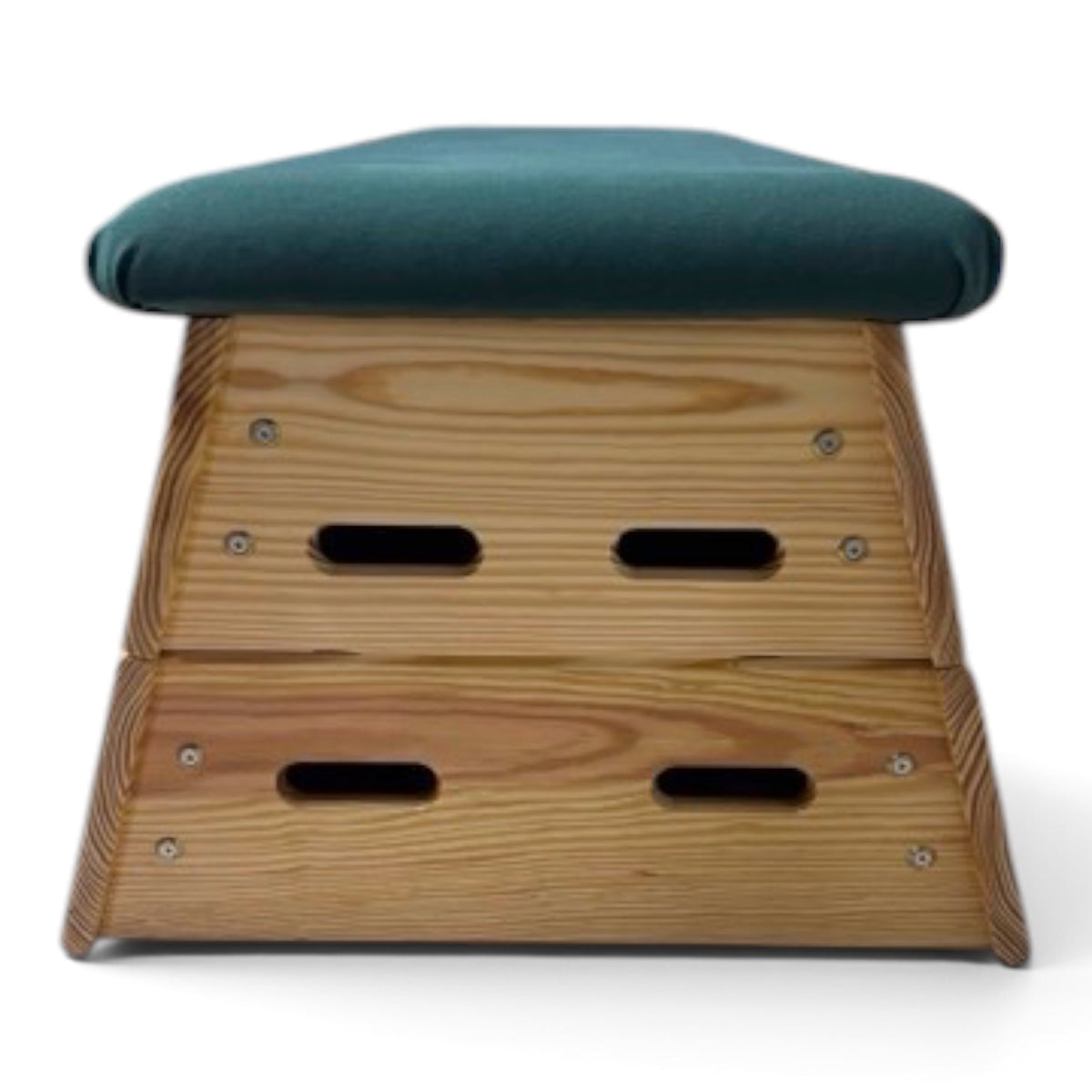 UK Gym Pits timber vault box with two natural wood sections and a green padded top for gymnastics training