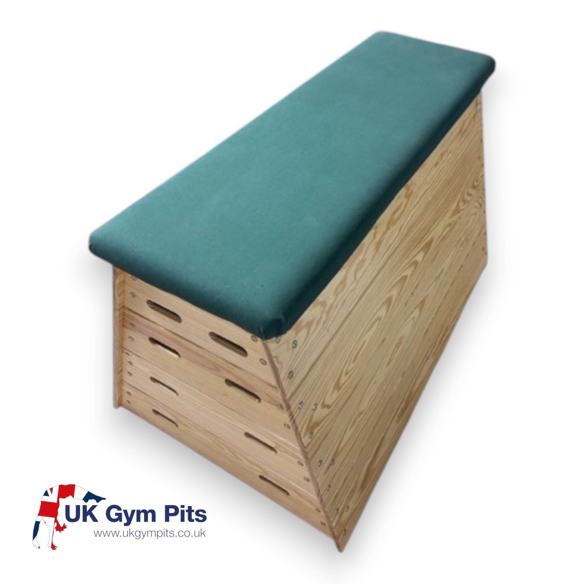 UK Gym Pits timber vault box with four stackable wooden sections and a padded green top for gymnastics training.