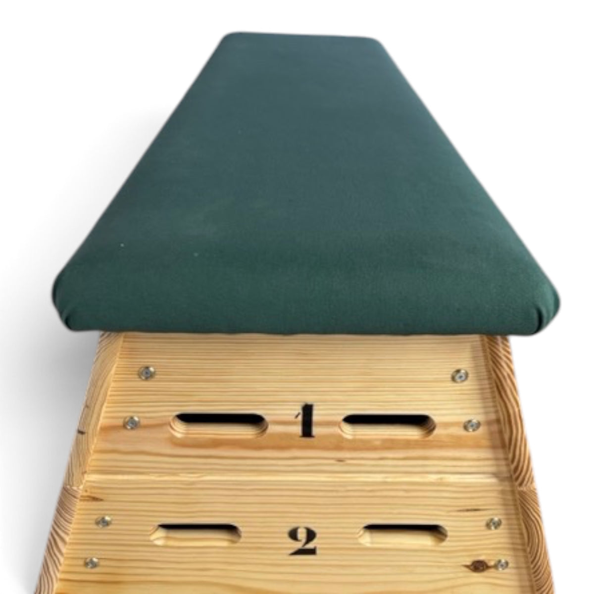 UK Gym Pits timber vault box with green padded top and numbered wooden sections for gymnastics training