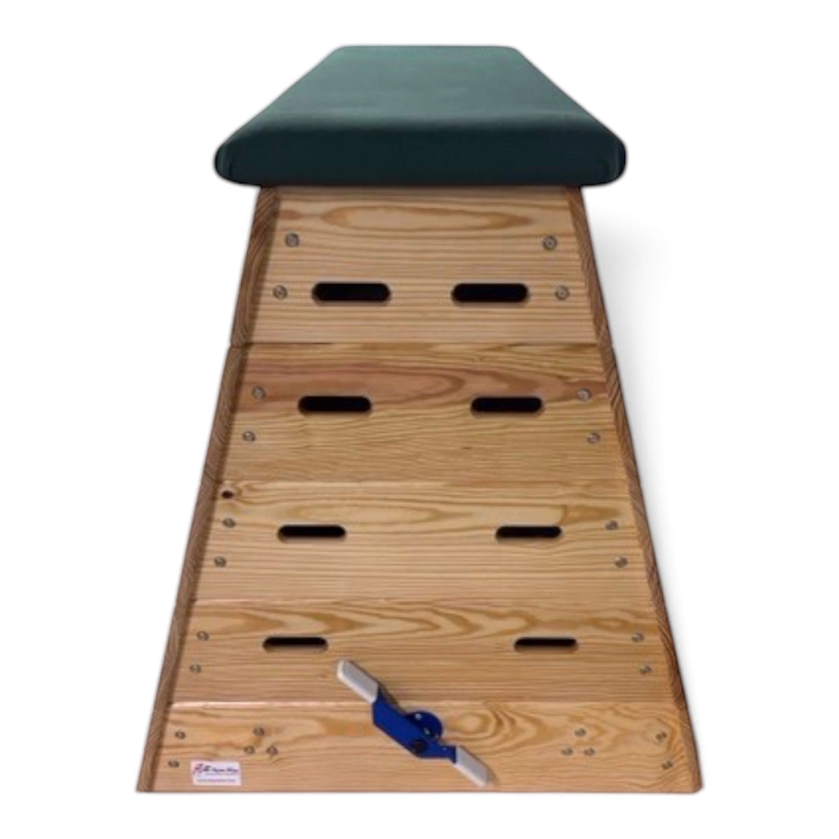 UK Gym Pits timber vault box with natural wood finish, handholds, and a padded top for gymnastics training.