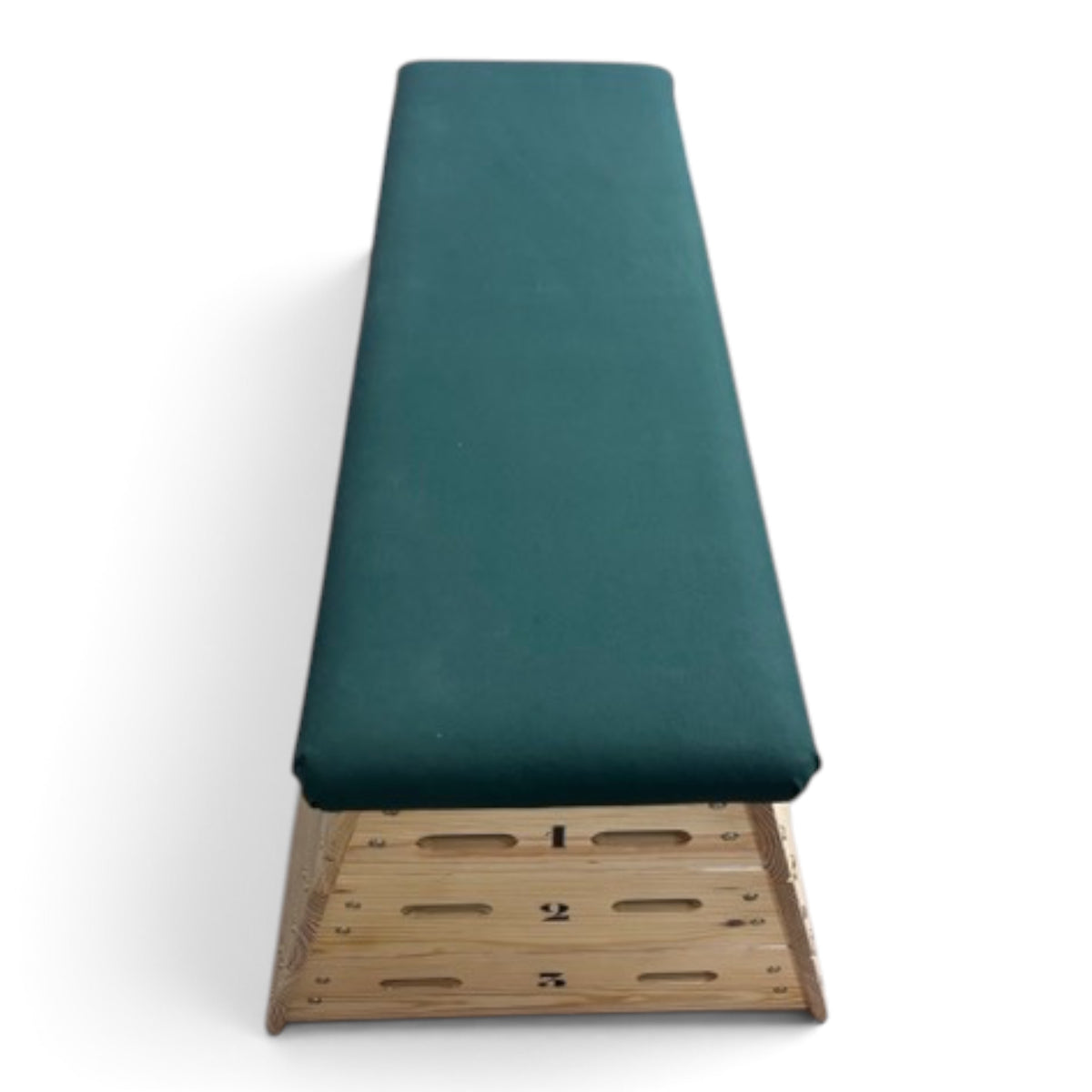 UK Gym Pits tiered timber vault box with a green padded top and numbered wooden sections for gymnastics training