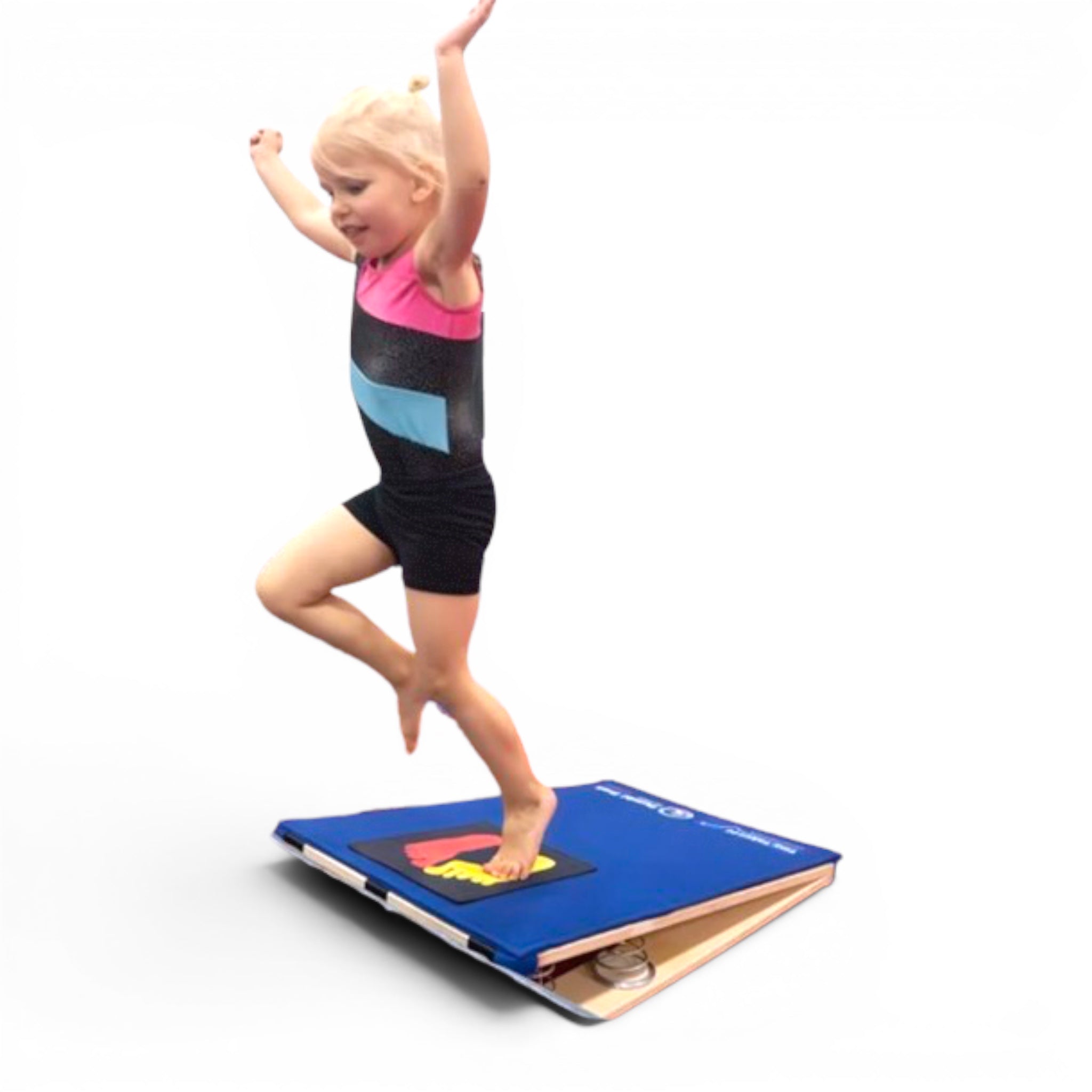 UK Gym Pits Tiny Takeoff springboard with blue carpet surface and child jumping to practice gymnastics technique