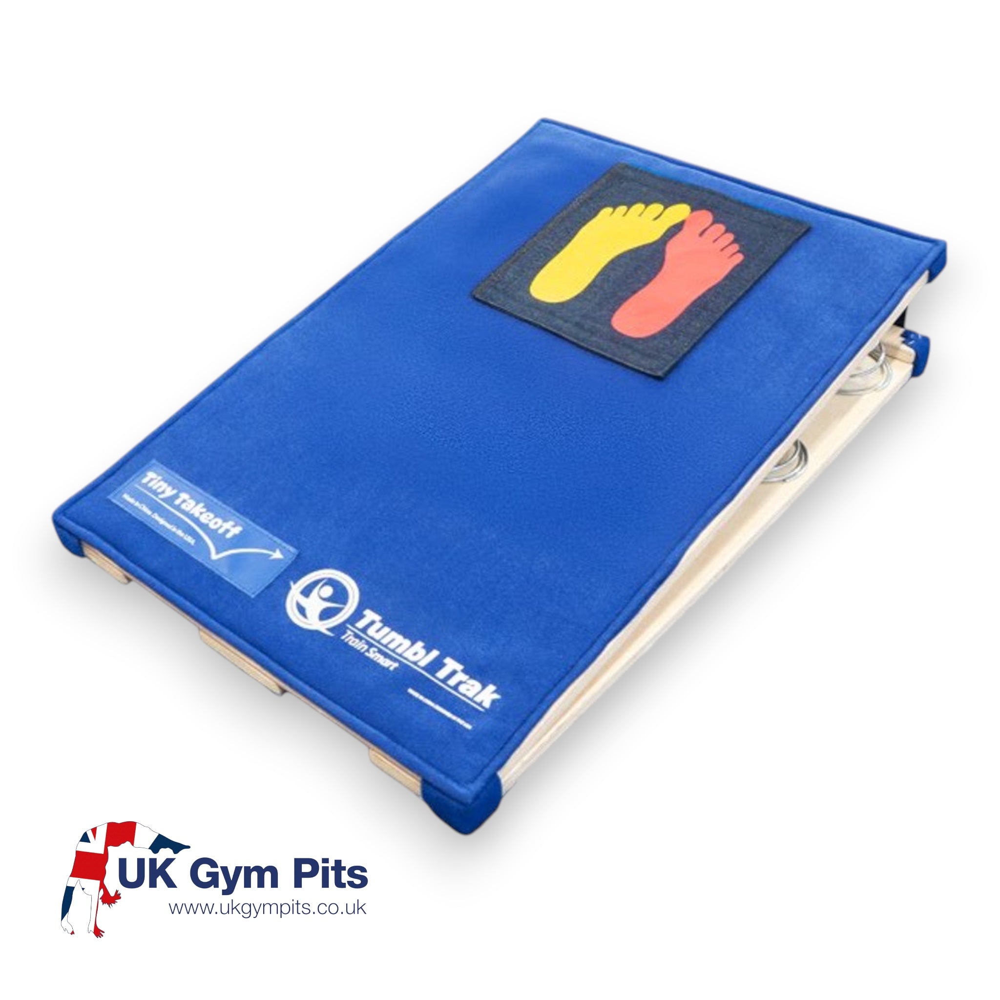 UK Gym Pits Tiny Takeoff blue springboard with velcro foot markers for children's gymnastics training