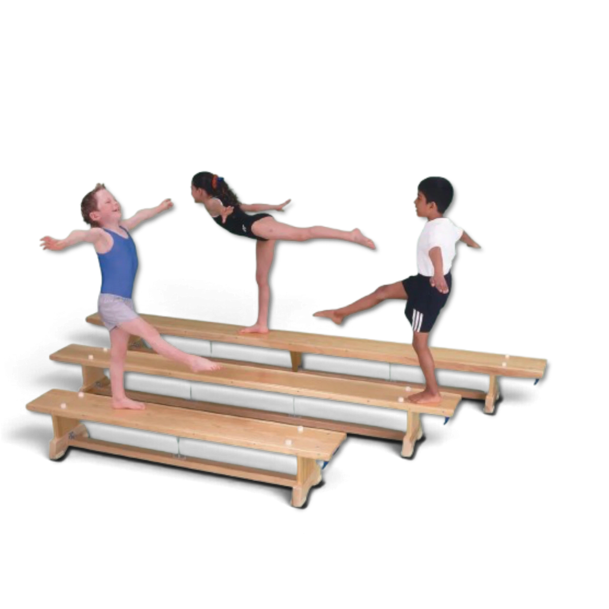 Children practicing gymnastics on UK Gym Pits traditional kiln dried pine balance benches of varying lengths