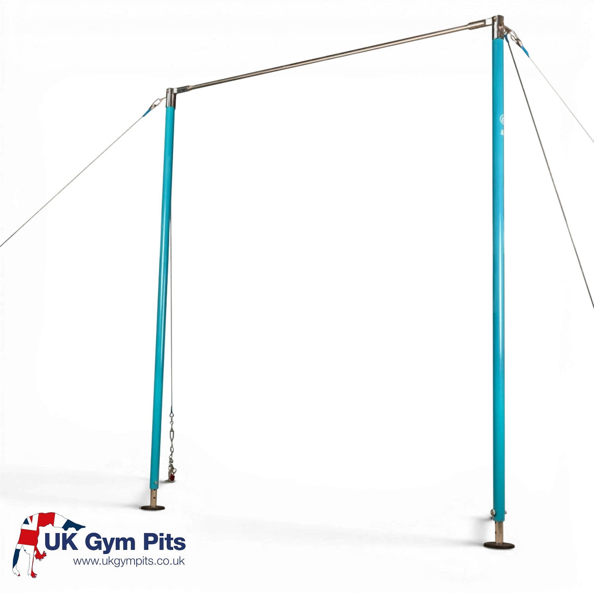UK Gym Pits training high bar with a stainless steel handrail and adjustable powder-coated blue steel support posts.