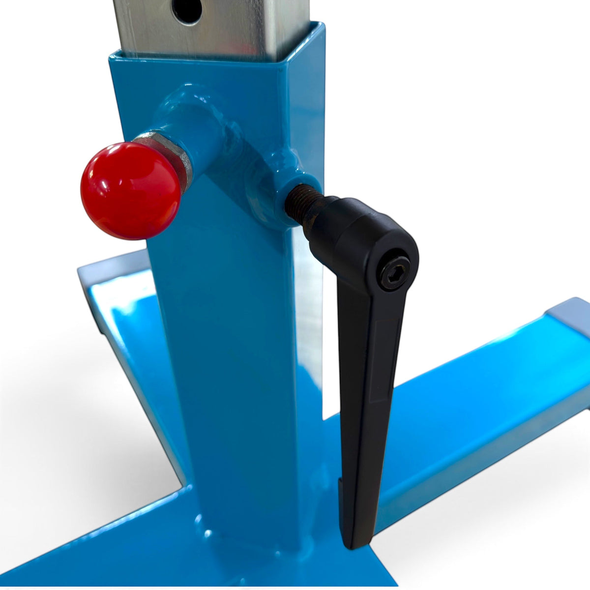 UK Gym Pits Gaofei training mushroom height adjustment mechanism with blue steel frame, red knob, and black handle