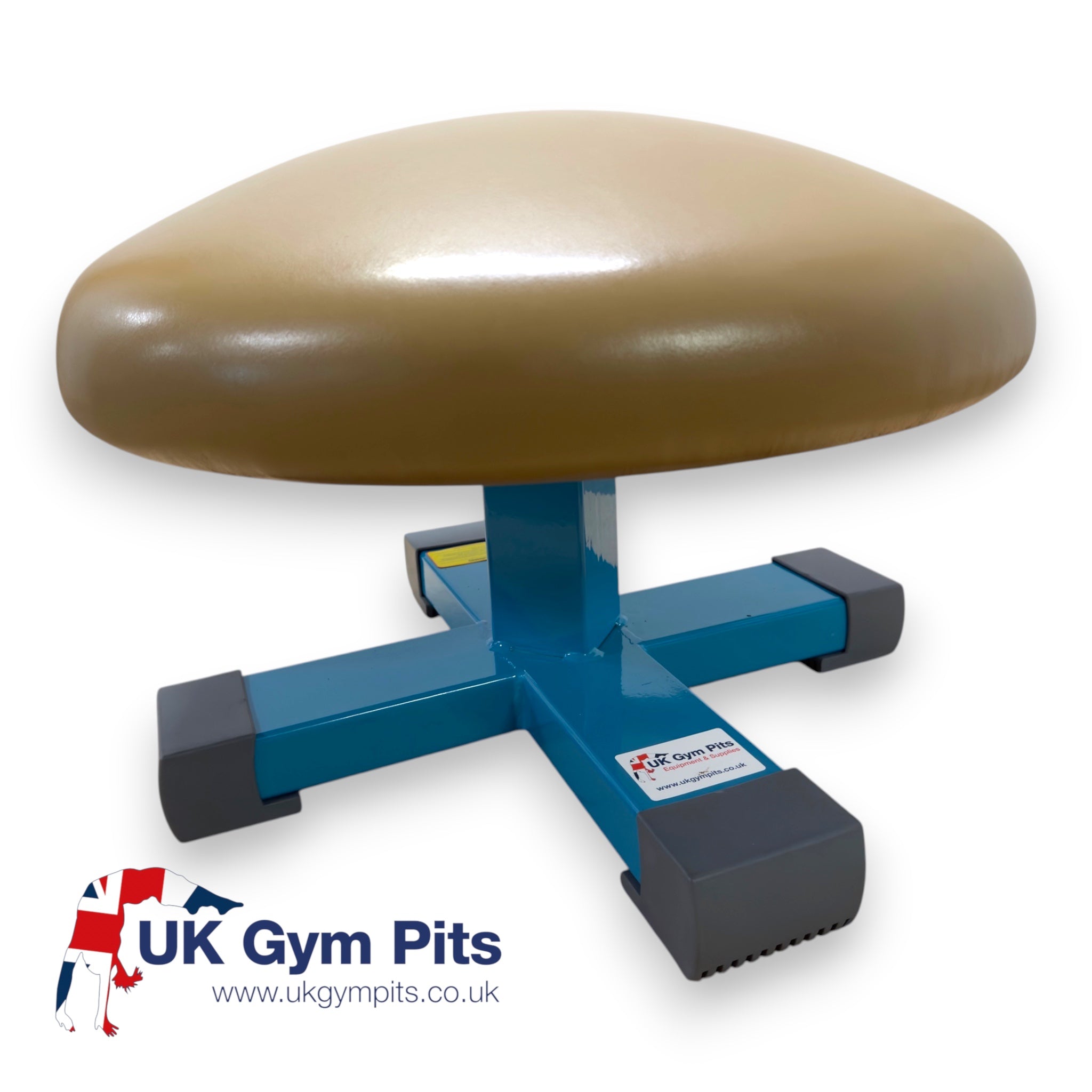 UK Gym Pits Gaofei training mushroom with a tan leatherette top and blue steel base for gymnastics practice