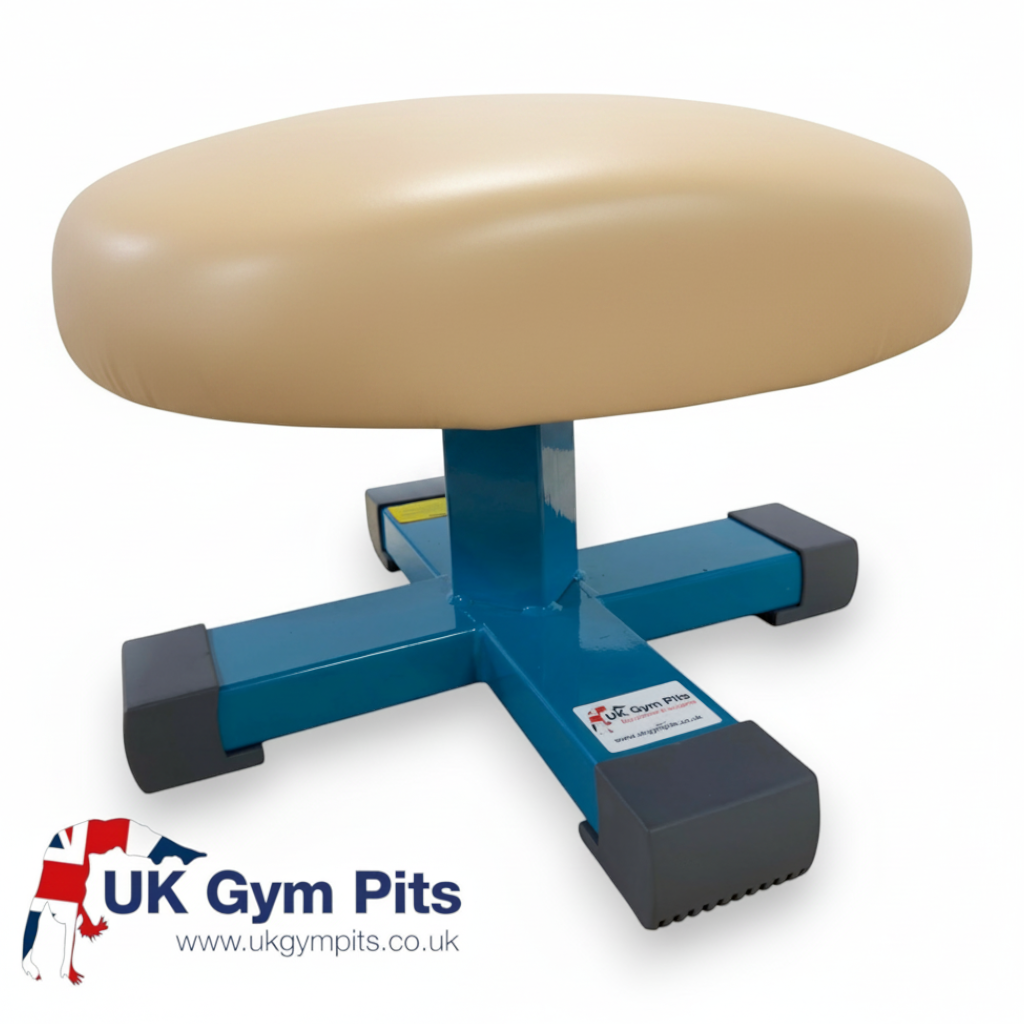 UK Gym Pits Gaofei training mushroom with beige leatherette top and blue steel base for gymnastics practice