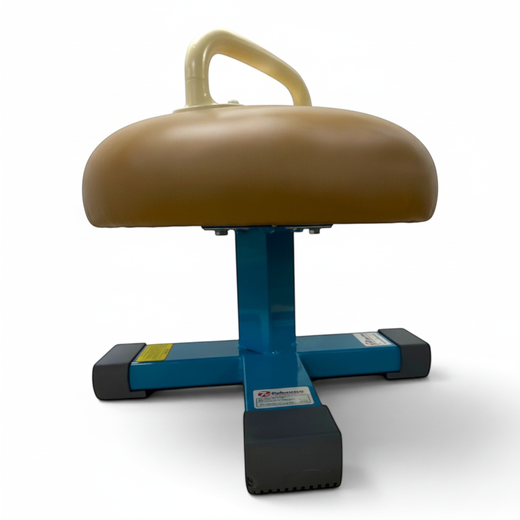 UK Gym Pits Gaofei training mushroom with one pommel, tan leatherette body, and blue steel base with anti-slip feet.