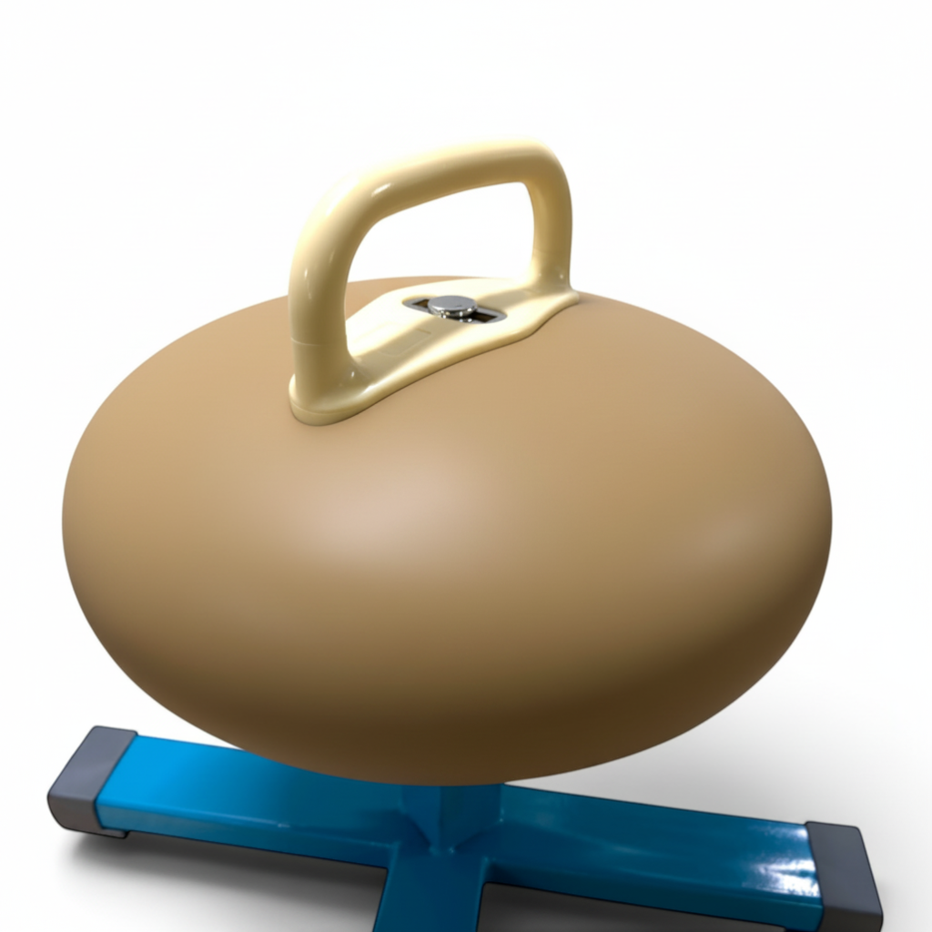 UK Gym Pits training mushroom with one pommel, featuring a tan leatherette body and a blue steel base with four legs.