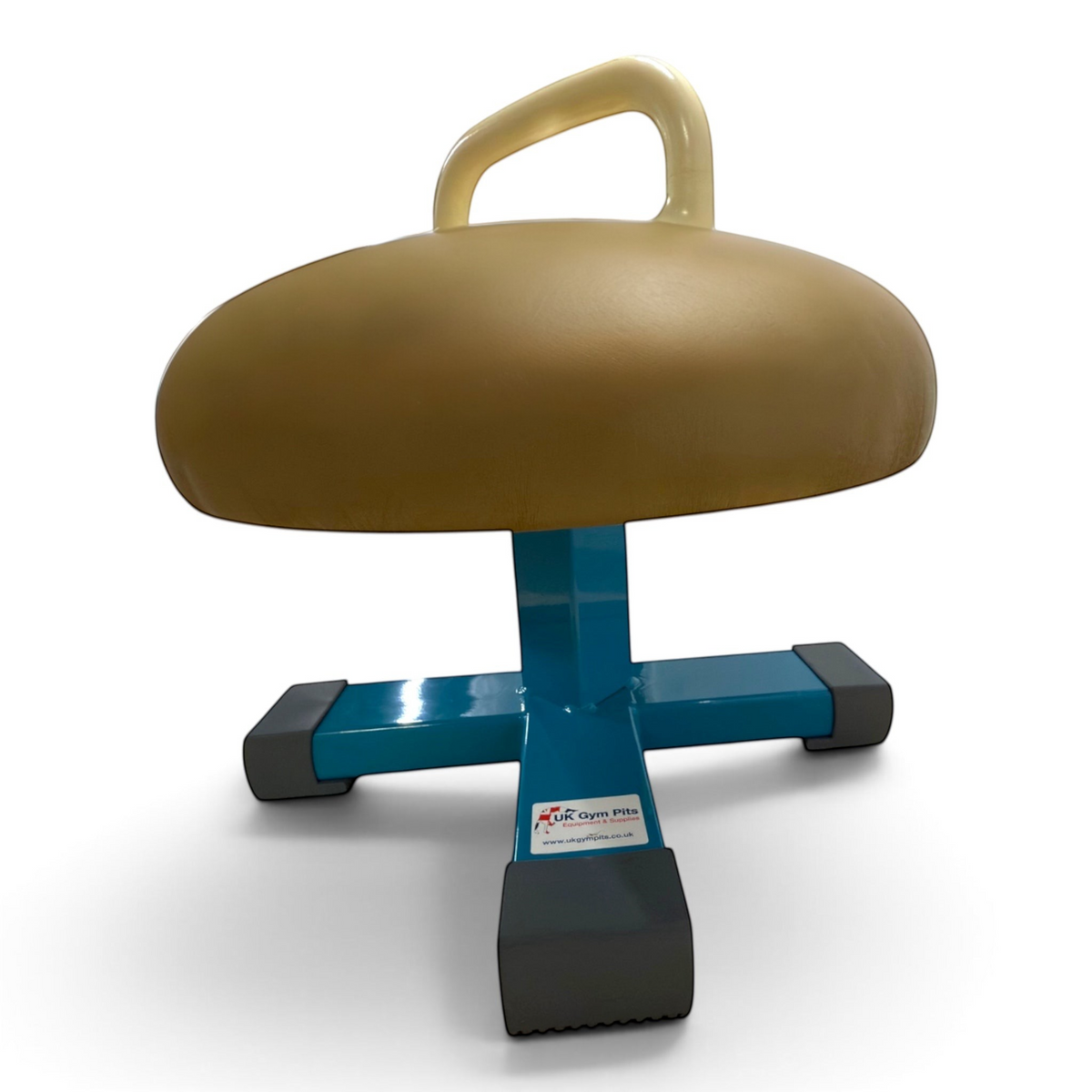 UK Gym Pits training mushroom with a tan leatherette body, single pommel, and blue steel base with anti-slip feet.