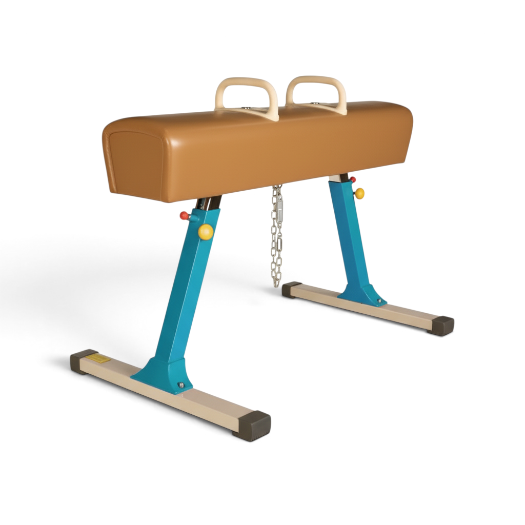 UK Gym Pits training pommel horse with brown leatherette body, wooden handles, and adjustable blue steel frame.