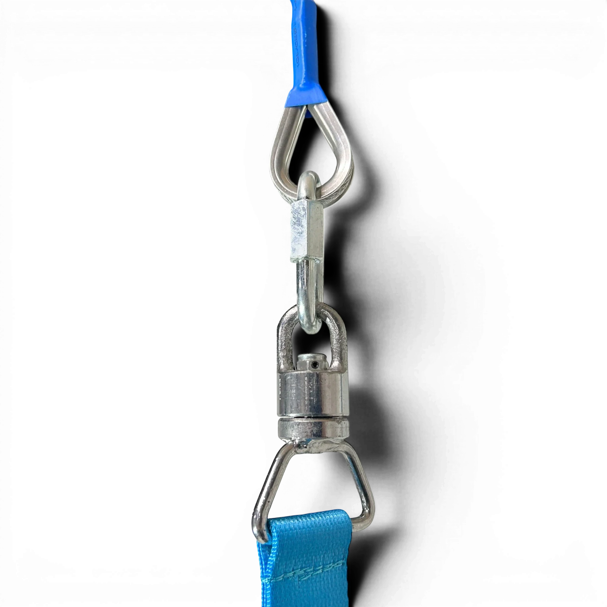 UK Gym Pits Gaofei training ring cabling system with metal swivel connector and blue strap against black background