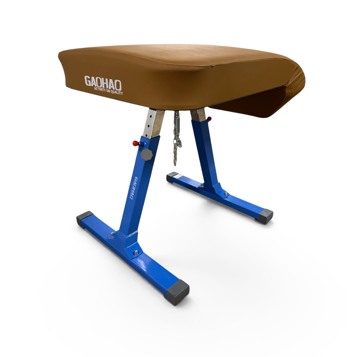 UK Gym Pits Gaofei training vaulting table with brown leatherette top and blue steel frame on a white background.