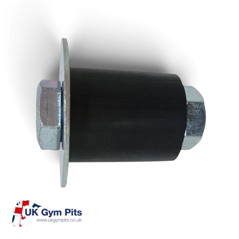 UK Gym Pits replacement compression bush for trampoline leg frames featuring a black sleeve and metal bolt hardware.