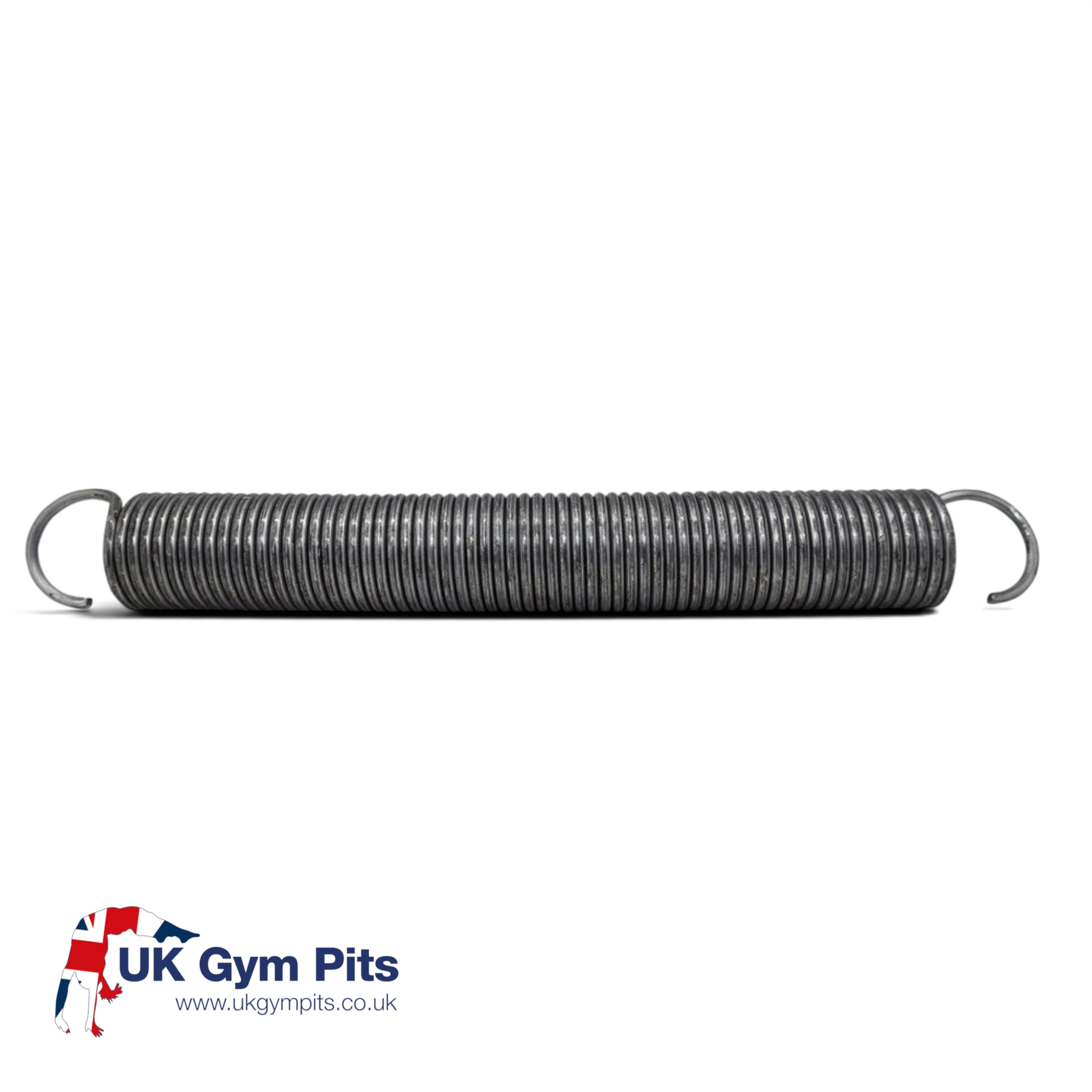 UK Gym Pits high tensile steel replacement spring for 77 and 77A trampolines with hook ends on a black background
