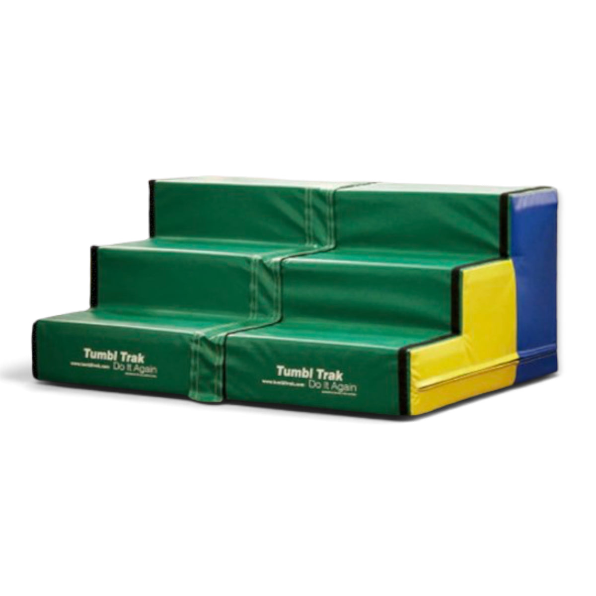 UK Gym Pits Tumbl Trak foam steps in green, yellow, and blue vinyl for gymnastics training and climbing