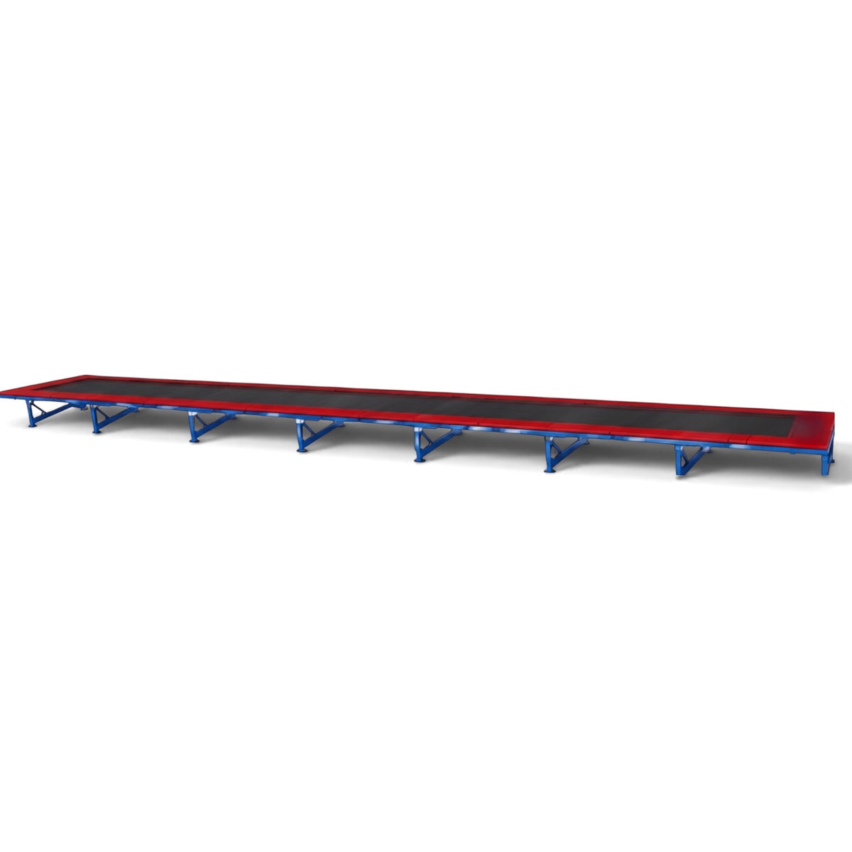 UK Gym Pits Tumbl Trak gymnastics training track with a royal blue steel frame, black bed, and red safety pads.