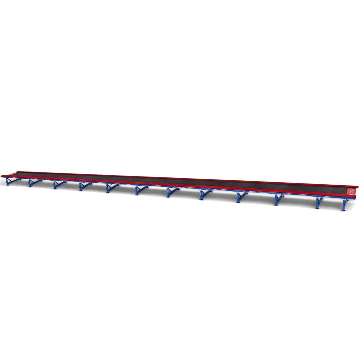 UK Gym Pits Tumbl Trak gymnastics training track with a royal blue steel frame, black bed, and red safety pads.